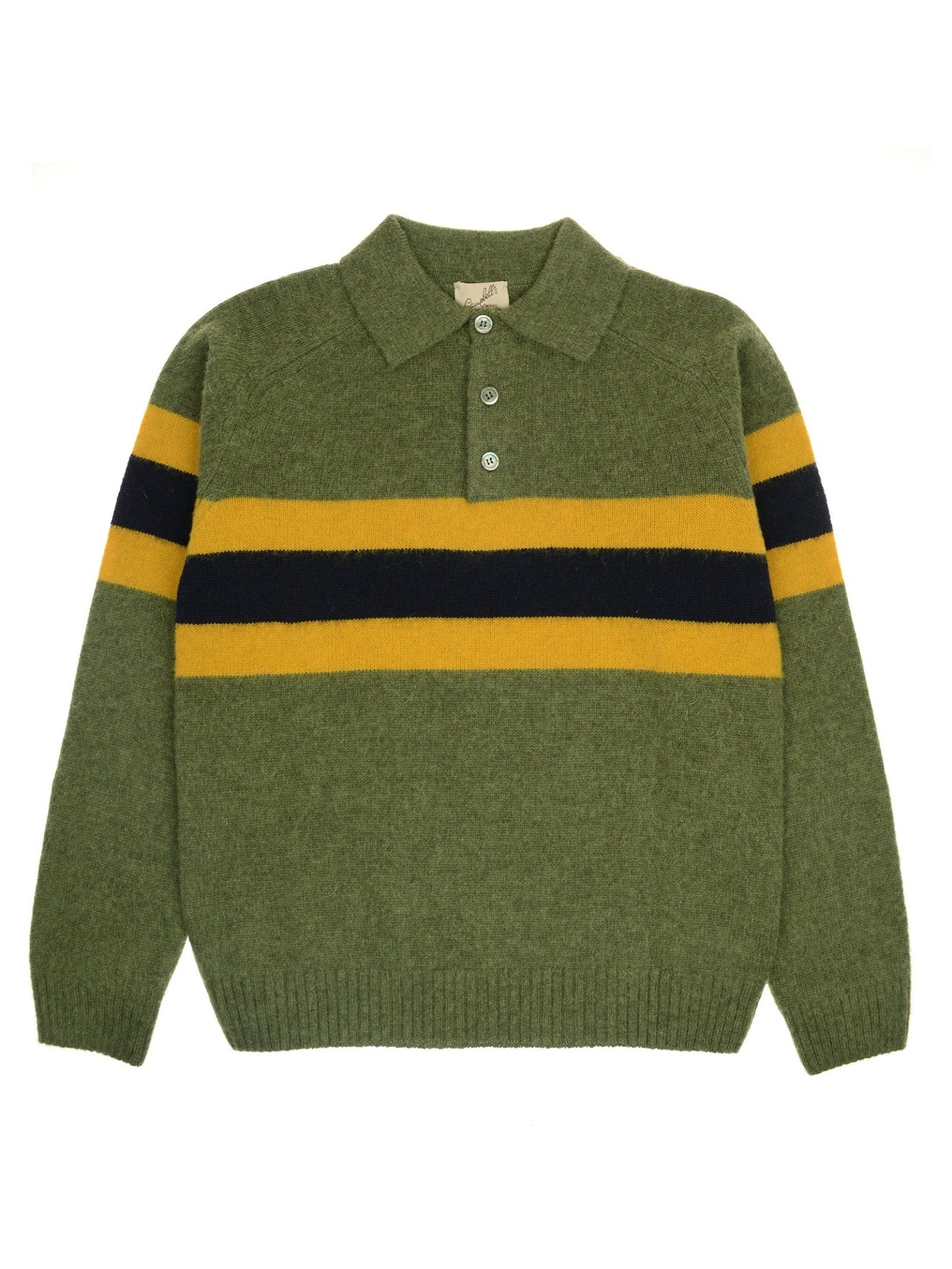 The Brushed Shetland Stripe Rugby by Campbell’s of Beauly is a green rugby sweater with a collar, three buttons, and yellow and black stripes across the chest and sleeves, inspired by classic Italian designs.