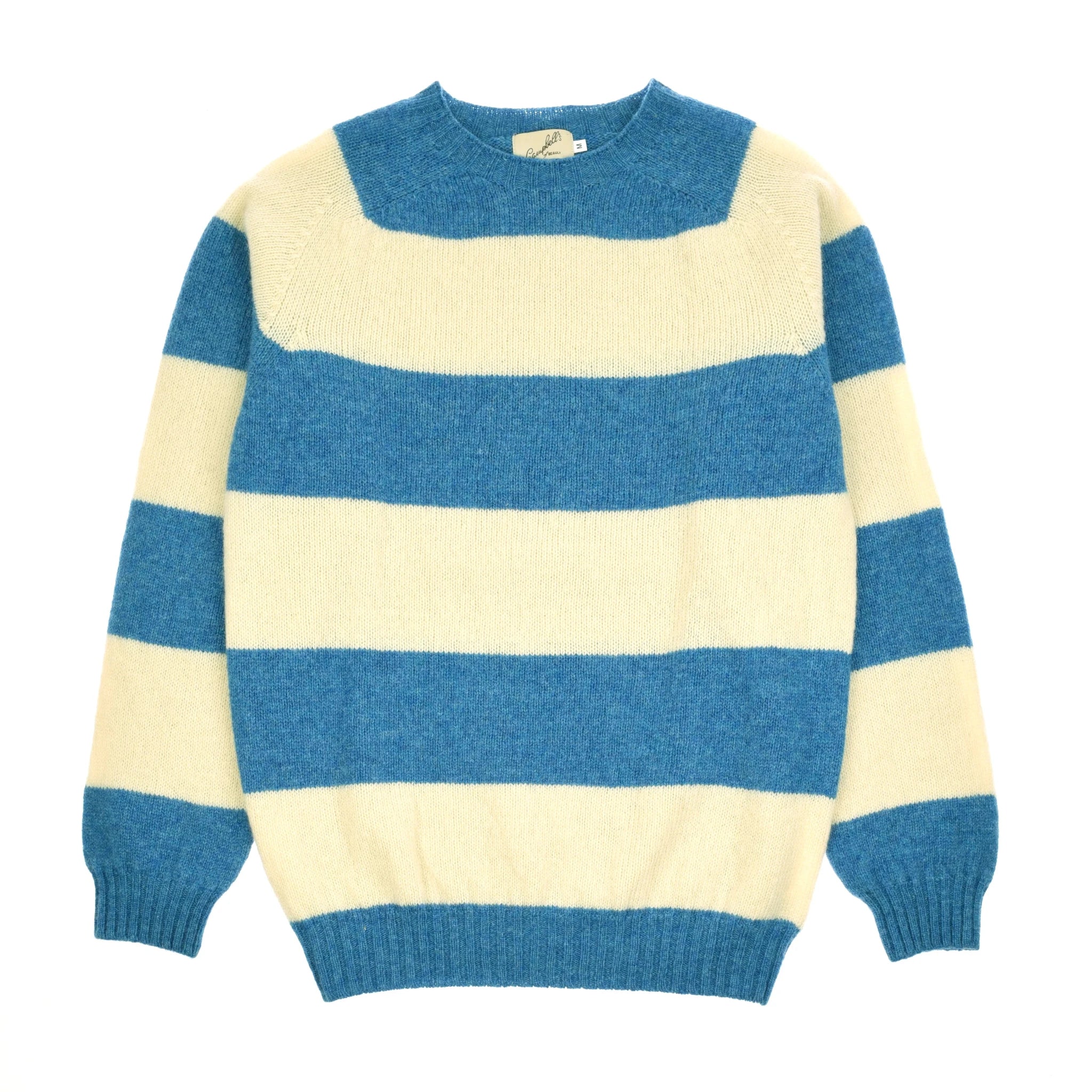 The Auld Stock Shetland Stripe Crew Jumper by Campbell's of Beauly features wide blue and cream stripes, a crew neck, and is crafted from soft Shetland lambswool for a classic heritage knit look.