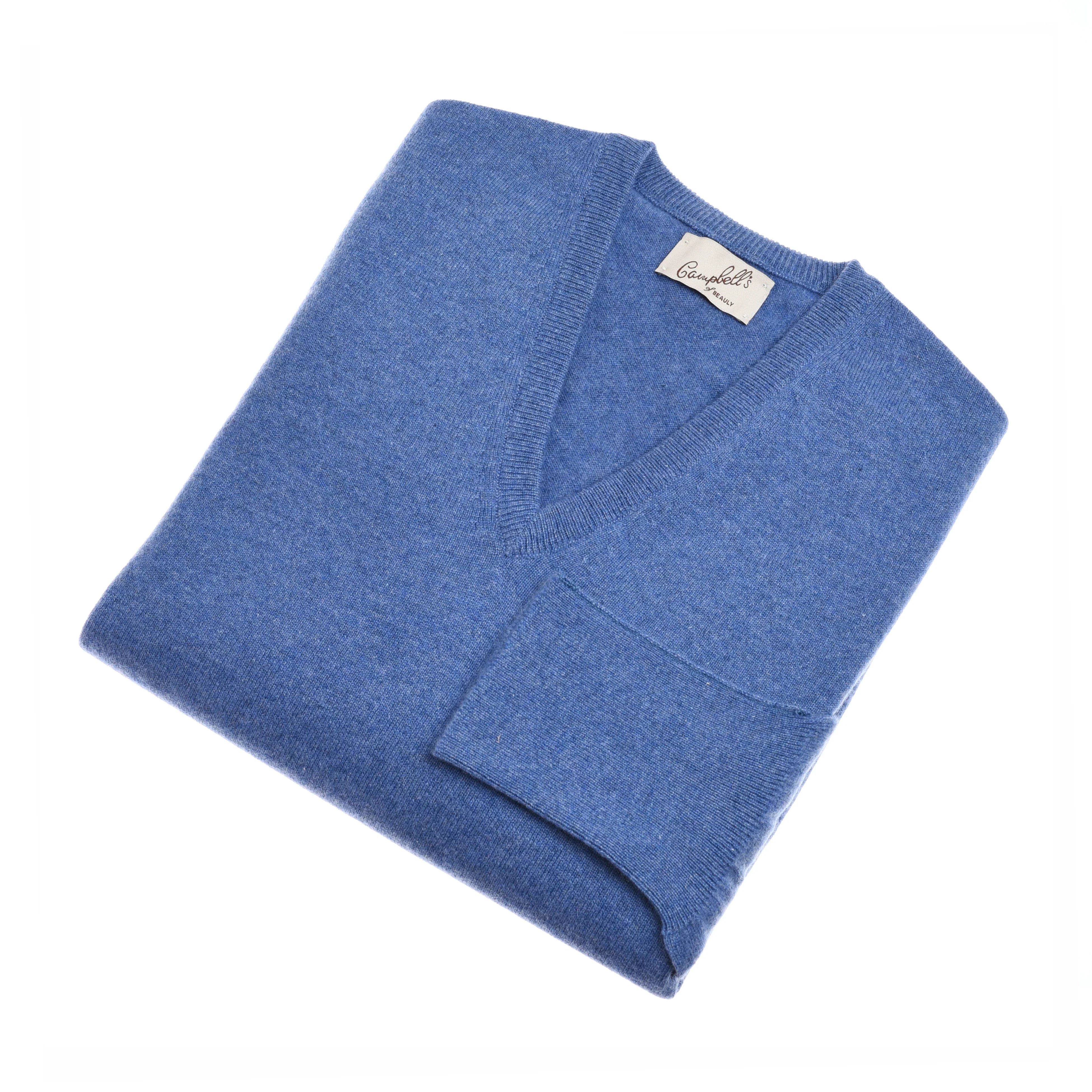 The Auld Stock Cashmere V-Neck Jumper by Campbell's of Beauly, crafted from luxurious Scottish cashmere, is neatly folded and displayed on a white background.