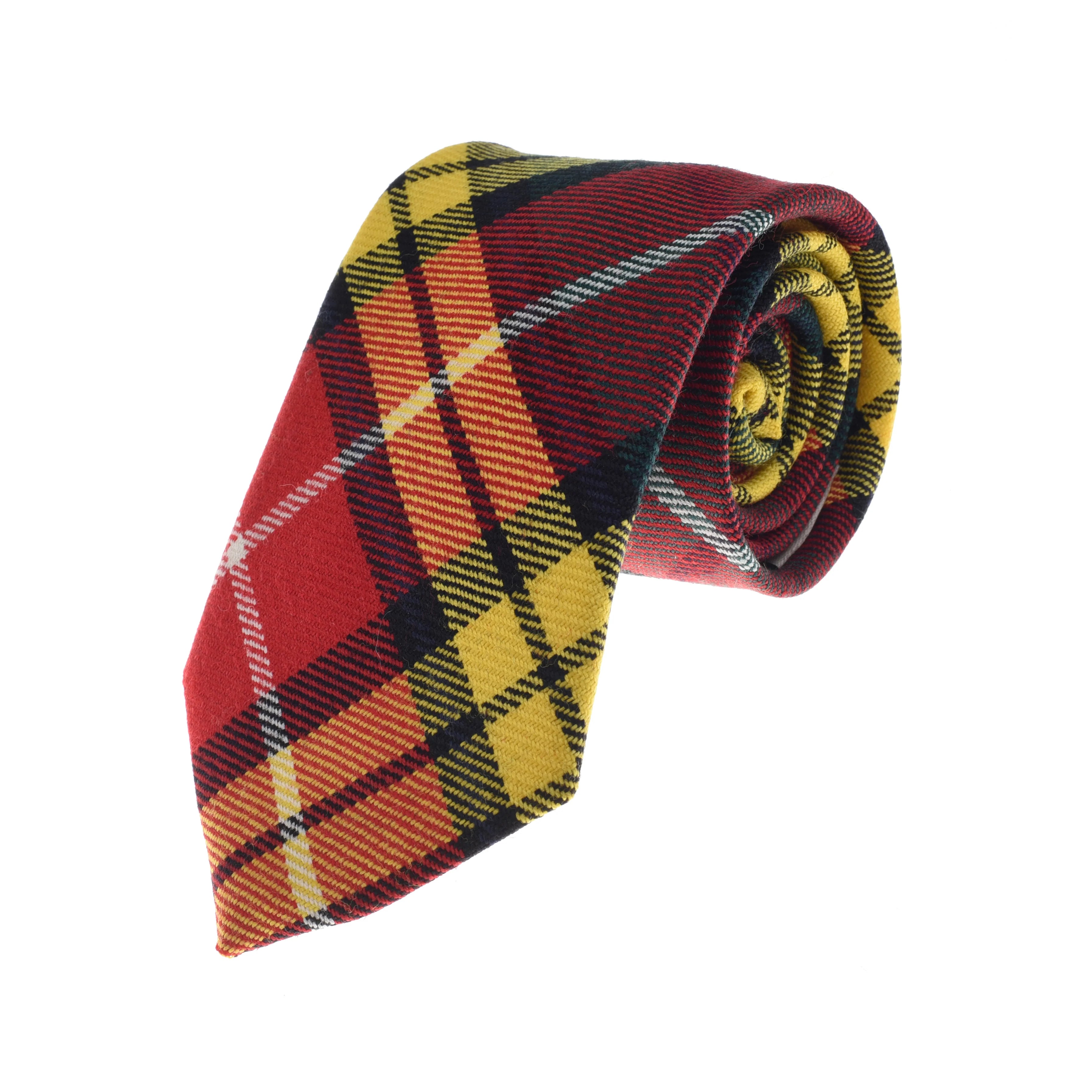 The Tartan Tie by Campbell's of Beauly is a fine wool necktie with a vibrant red, yellow, black, and white plaid pattern—an eye-catching accessory to elevate your formalwear.
