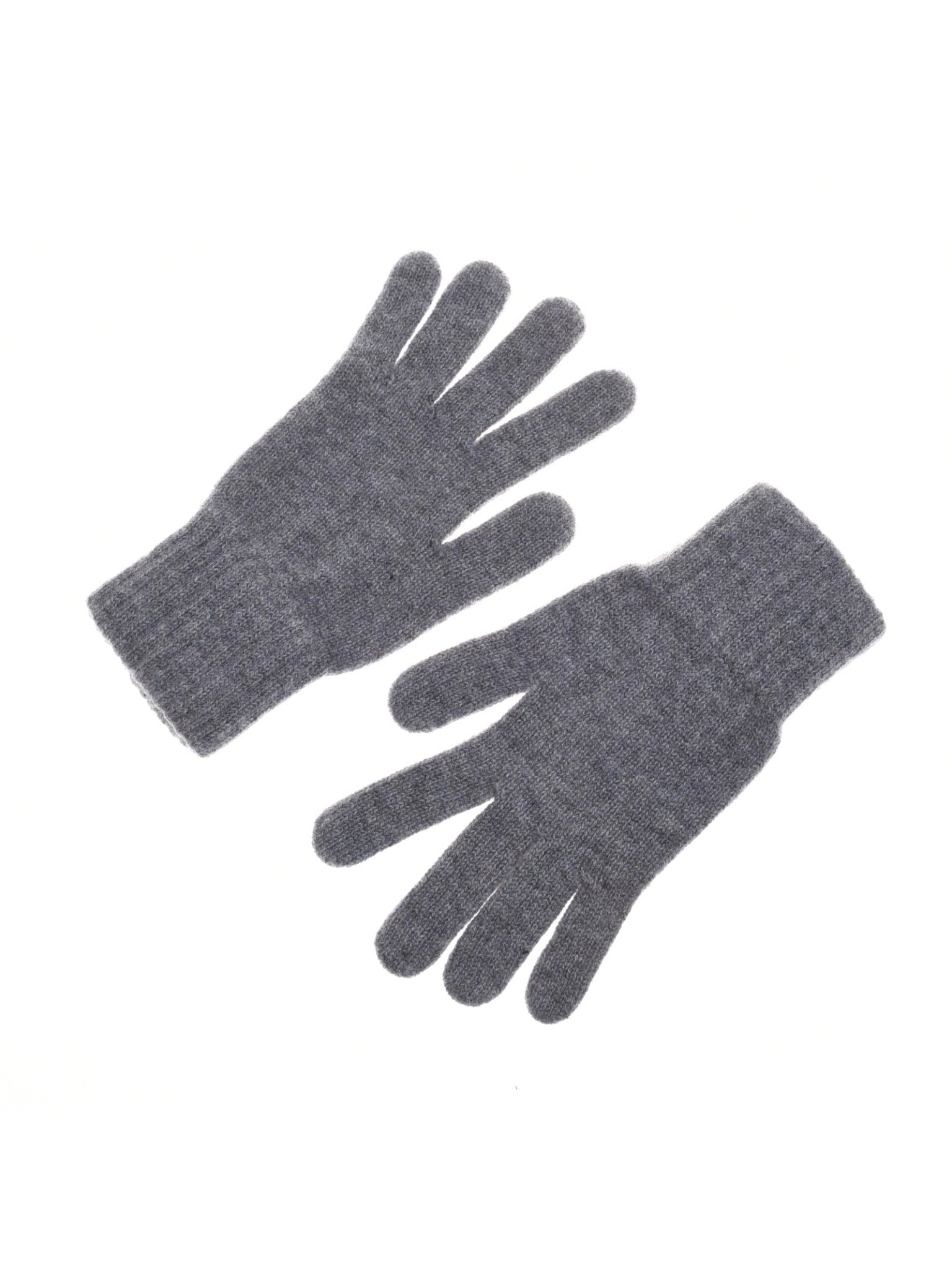 A pair of Campbell's of Beauly Cashmere Gloves in gray, crafted from fine cashmere yarn, is laid flat on a white background with palms down and fingers spread apart.