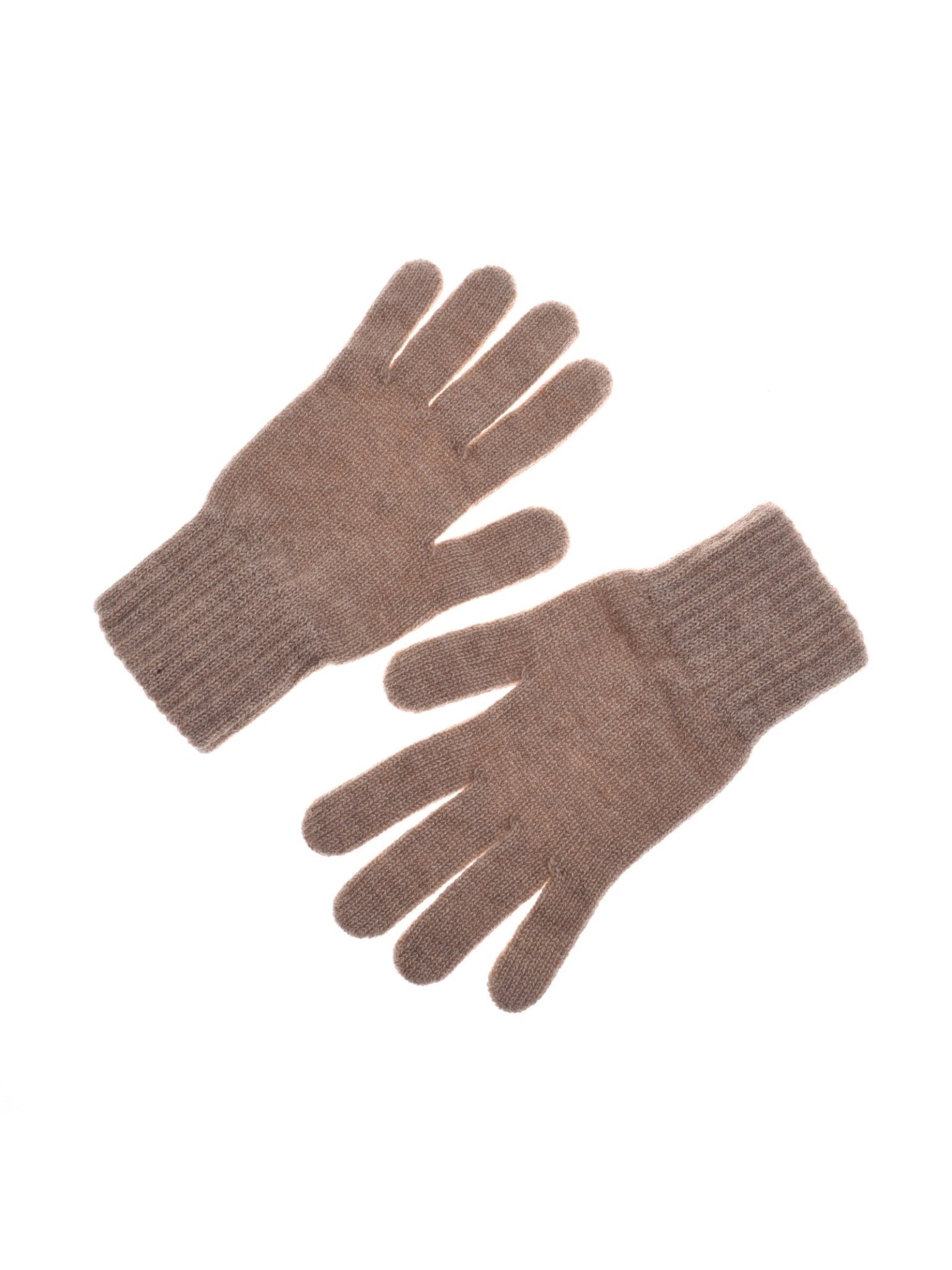 A pair of Campbell's of Beauly Cashmere Gloves in brown, featuring ribbed cuffs and made from luxurious cashmere yarn, displayed flat on a white background.
