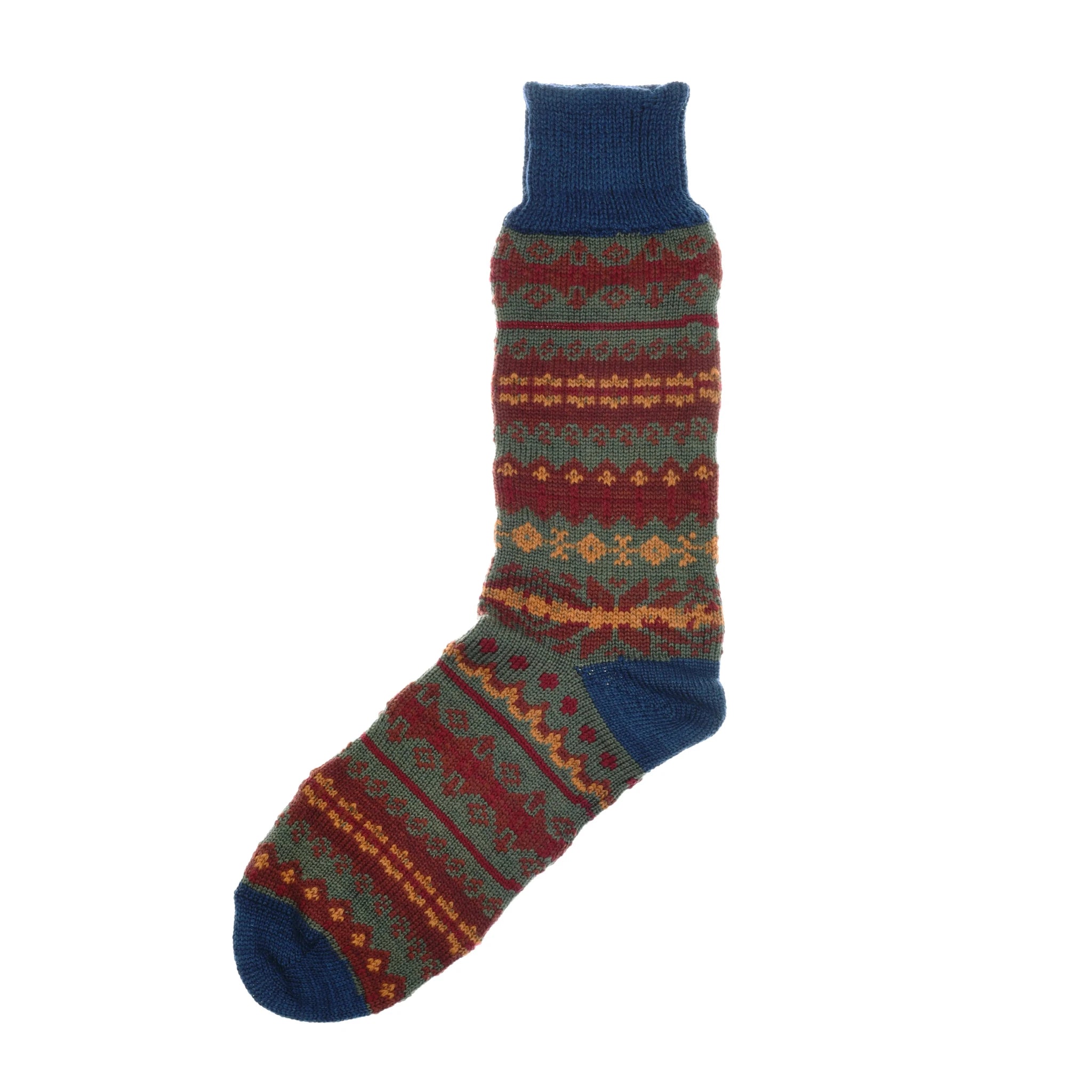 A single Fairisle Socks by Campbell’s of Beauly, showcasing a blue toe, heel, and cuff with vivid red, yellow, and green horizontal patterns. Expertly crafted in the UK from a premium wool and cotton blend for outstanding comfort and style.