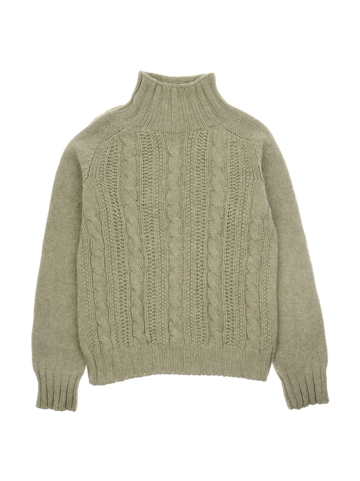 The Campbell's of Beauly Cable Roll Neck Jumper is a light olive green, supersoft wool sweater with a front cable knit pattern, raglan sleeves, and ribbed edges. Knitted in Scotland for cozy comfort—ideal for cool weather.