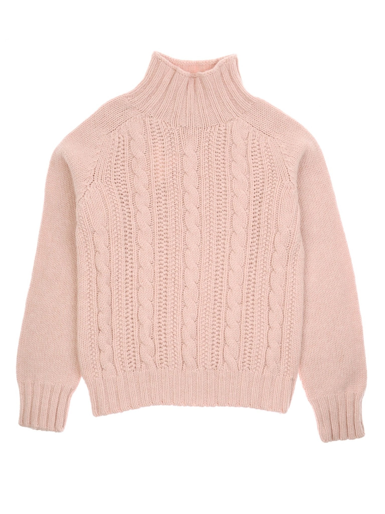 The Campbell's of Beauly Cable Roll Neck Jumper is a light pink, supersoft wool sweater with a high ribbed cable roll neck, long sleeves, ribbed cuffs, and vertical cable knit patterns, beautifully knitted in Scotland.