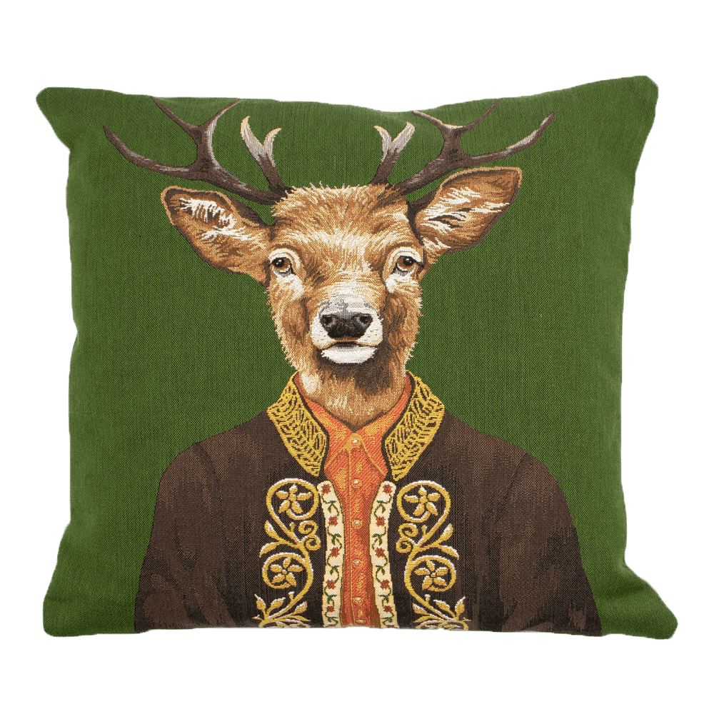 Add a charming touch to your home with the Campbell’s of Beauly Alpine Deer Cushion Cover, featuring an illustrated deer in vintage attire on a green background.