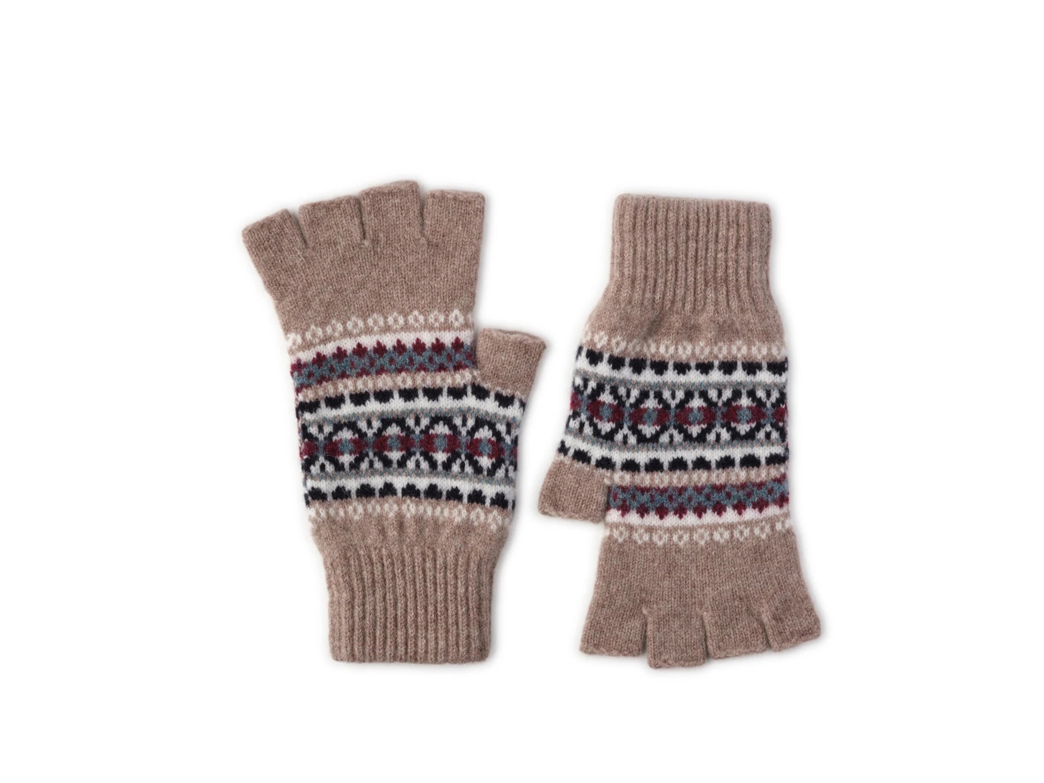 The Auld Stock Fairisle Half-Finger Gloves by Campbell’s of Beauly are a pair of brown fingerless knit gloves made from soft lambswool, showcasing a classic fairisle pattern in black, white, and red on the back—an elegant homage to traditional Scottish knitwear—presented against a plain white background.