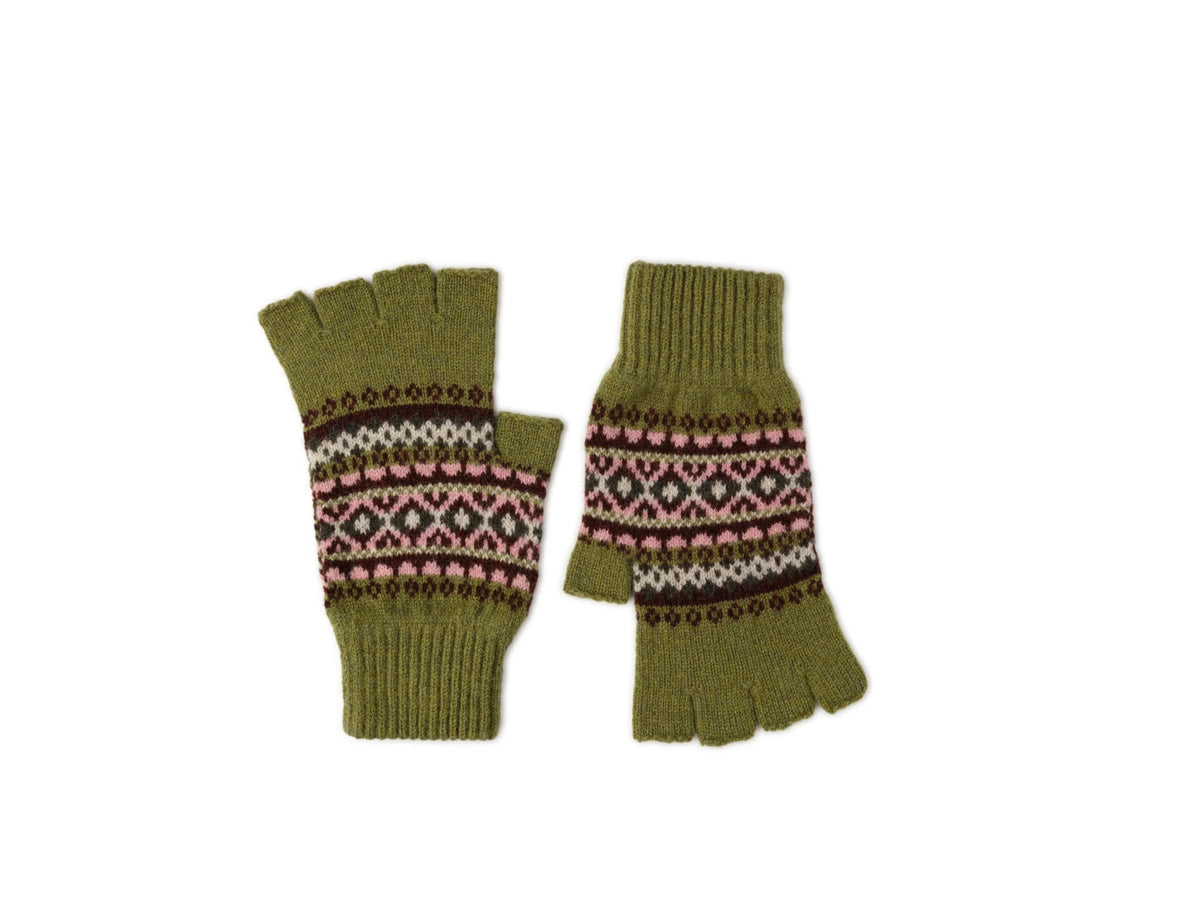 The Auld Stock Fairisle Half-Finger Gloves by Campbell’s of Beauly are crafted from olive green lambswool and feature a pink, brown, and white fairisle pattern across the middle, inspired by classic Scottish knitwear traditions. They are displayed on a white background.