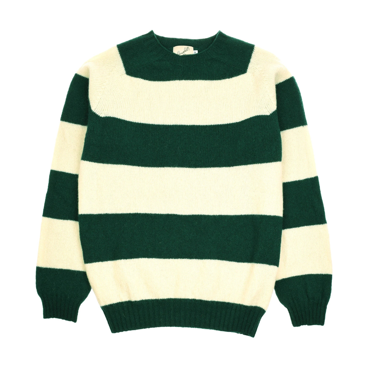 The Campbell’s of Beauly Auld Stock Shetland Stripe Crew Jumper features wide green and white stripes with ribbed cuffs, collar, and hem, shown laid flat on a white background.