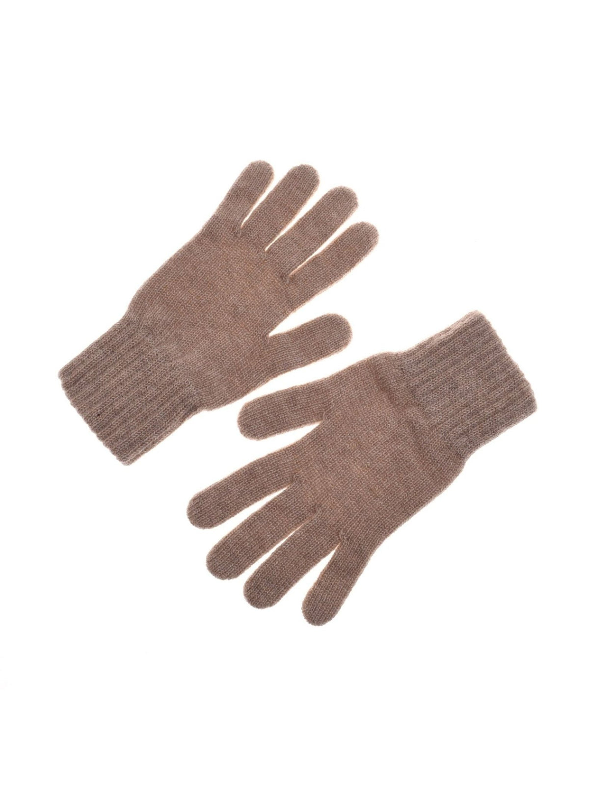 A pair of brown Cashmere Gloves by Campbell’s of Beauly, featuring ribbed cuffs and expertly crafted from luxurious cashmere yarn, are displayed flat on a white background with palms facing up and fingers spread—a testament to the timeless quality synonymous with Scottish craftsmanship.