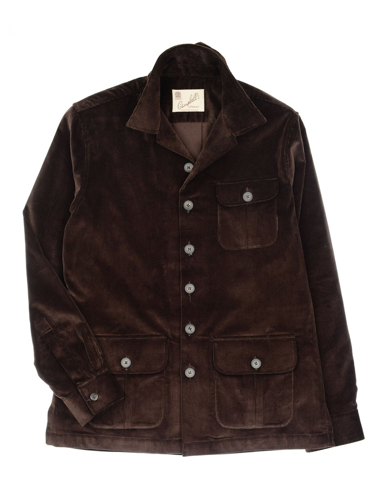 A Campbell’s of Beauly Casual Shacket in brown corduroy, featuring a collar, three front pockets, and button closures, is displayed flat on a white background.