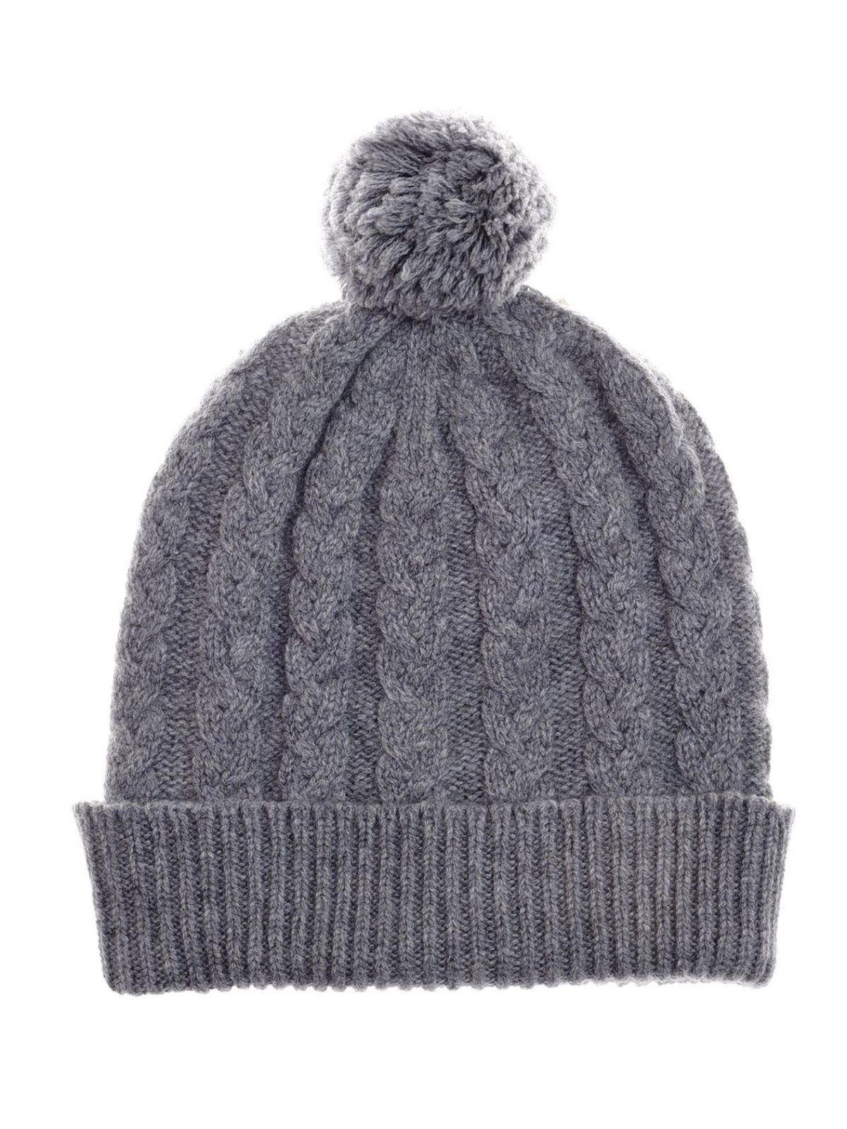 The Chunky Cable Cashmere Hat with Pom Pom by Campbell’s of Beauly features a classic cable knit pattern inspired by traditional Scottish knitwear, crafted in gray cashmere with a folded ribbed brim and finished with a playful pom-pom on top.