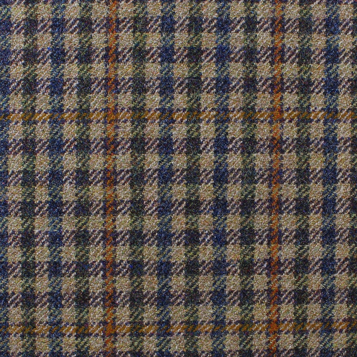 Lovat Mill Estate Tweed 001 is a brown and blue estate weight tweed fabric with a subtle orange overcheck, crafted as a heavyweight sporting cloth in Scotland.