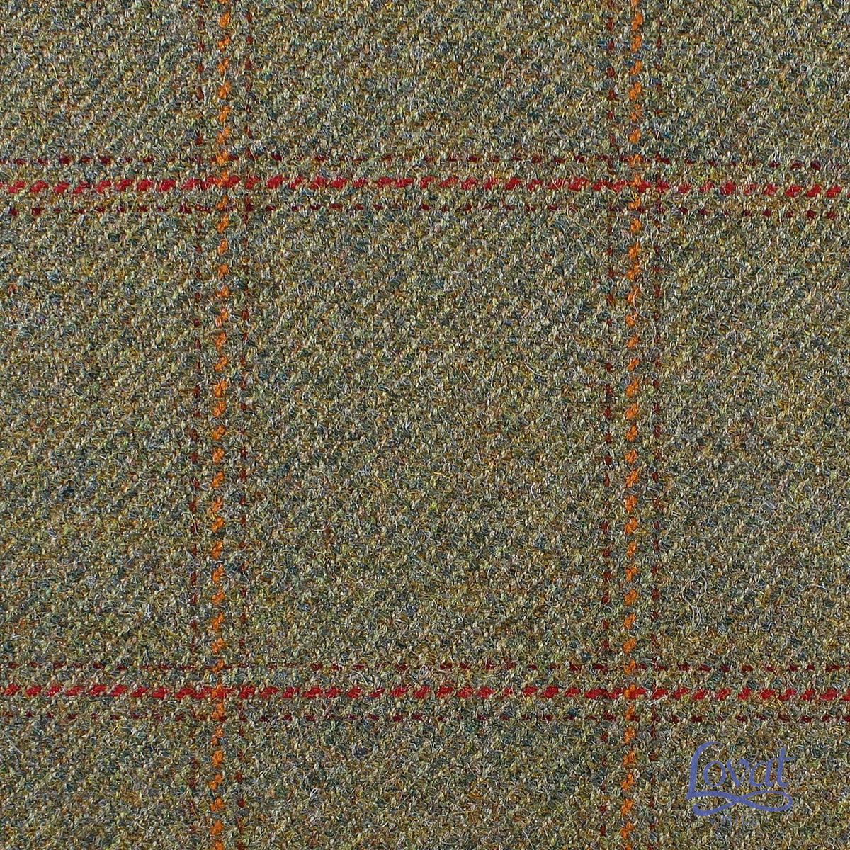 Lovat Mill Estate Tweed 011 heavyweight green and brown estate tweed featuring an orange and dark red windowpane check pattern.