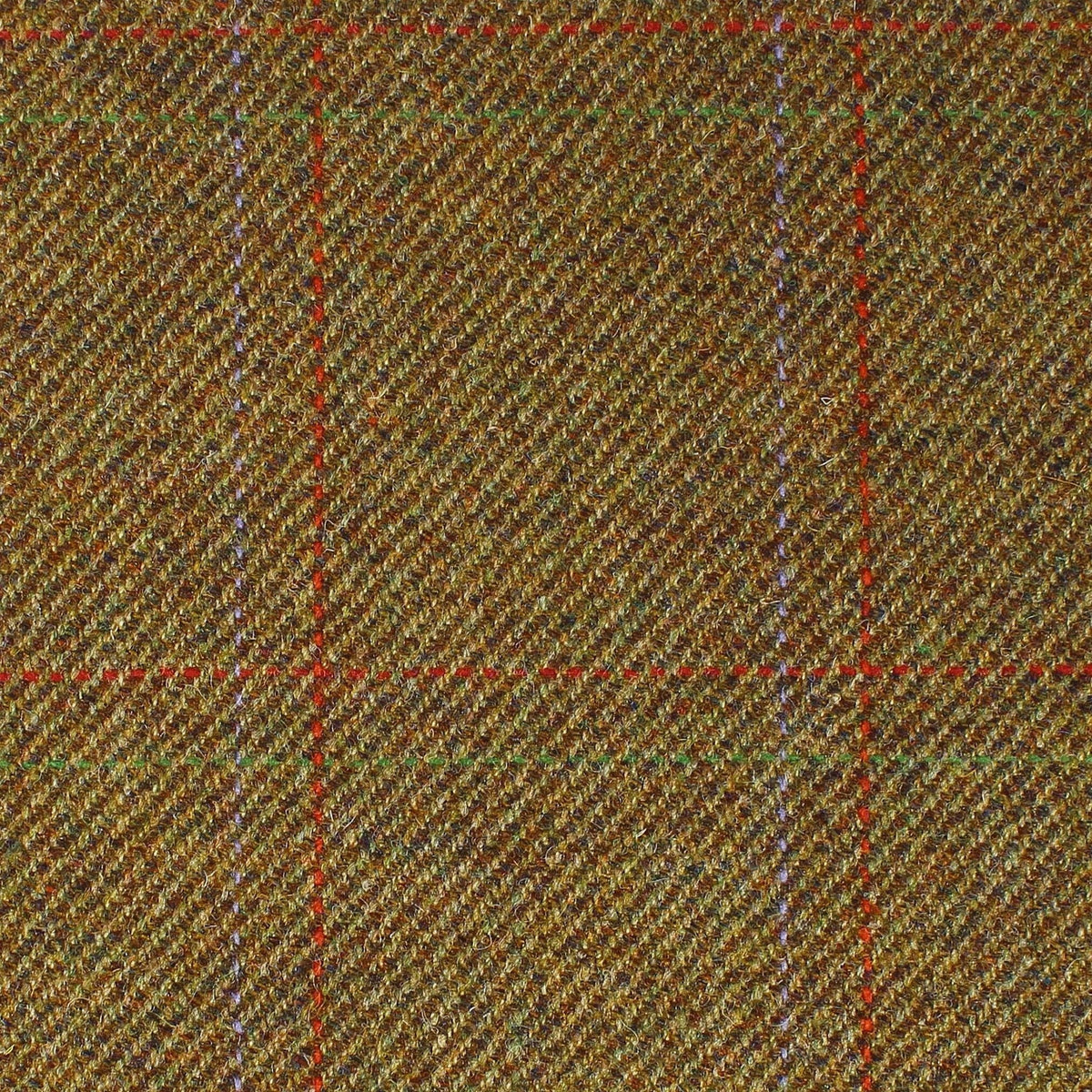 Lovat Mill Estate Tweed 012 olive green fabric in an estate weight tweed with an overcheck pattern of thin red and light blue lines.