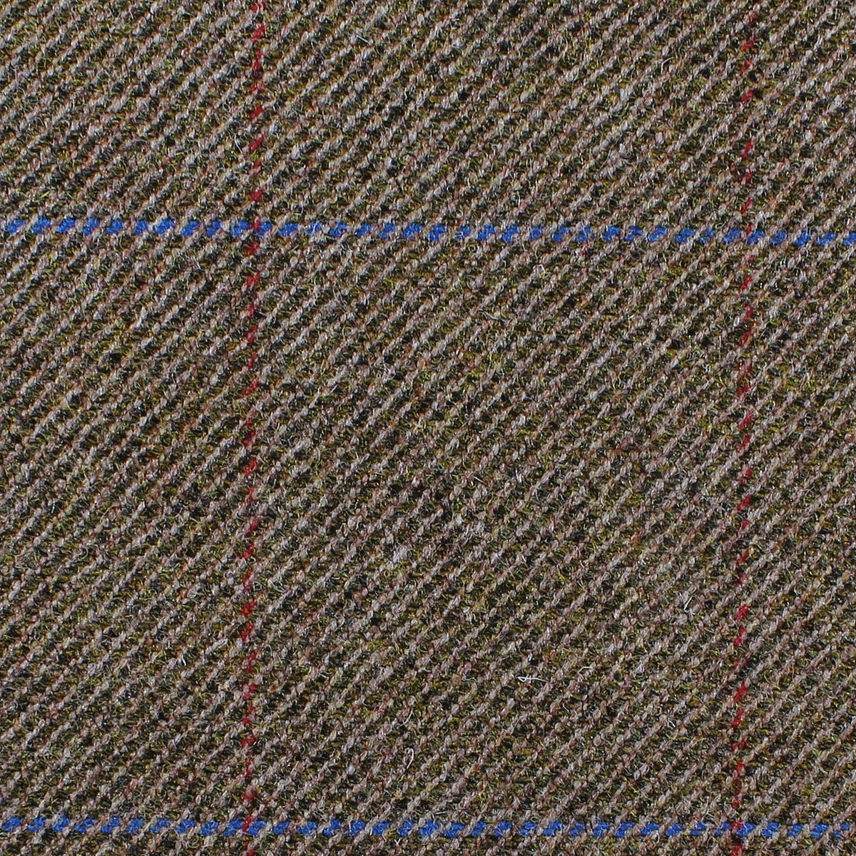 Estate Tweed 019 heavyweight sporting cloth in olive green tweed with a subtle plaid pattern of thin red and blue lines.