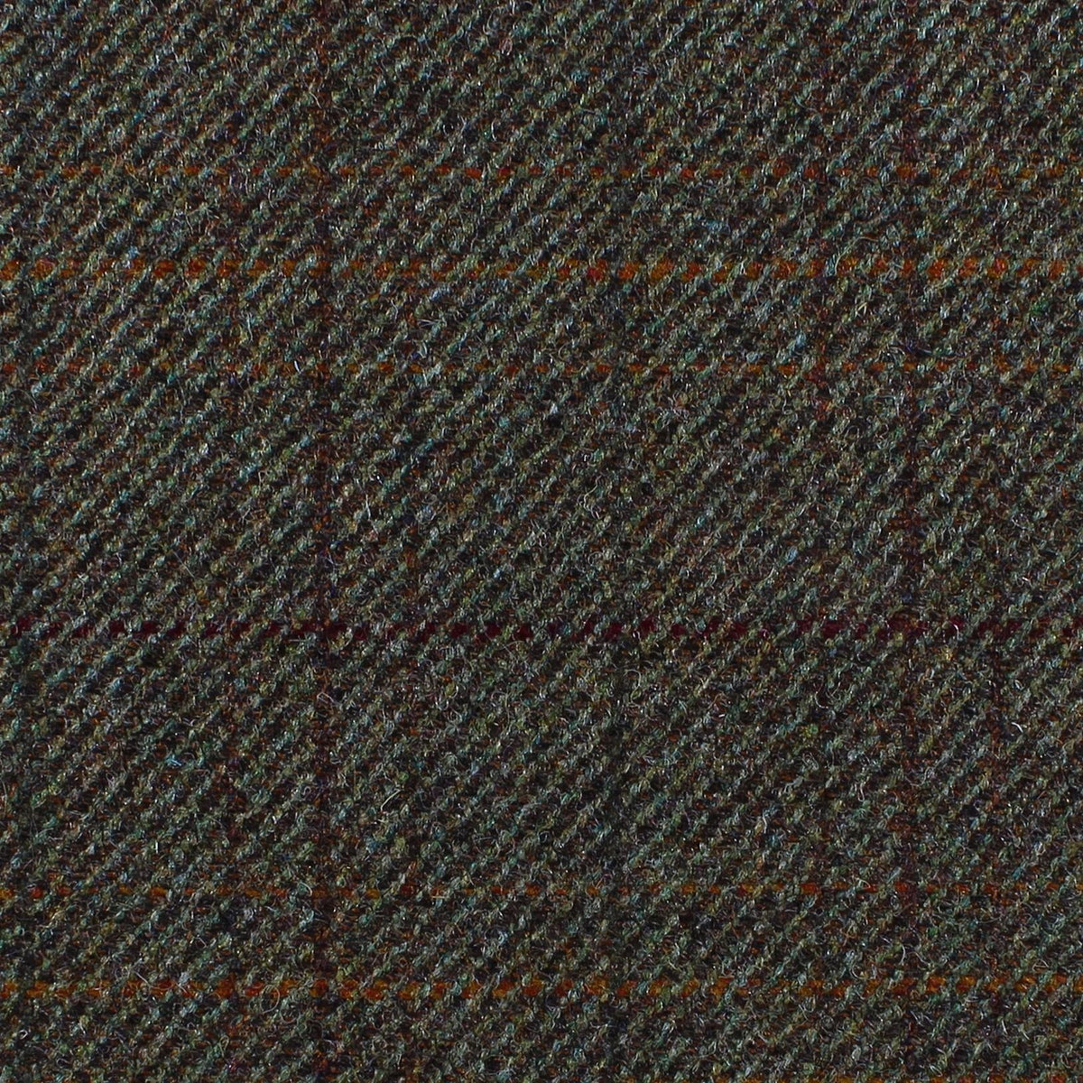 Estate Tweed 022 heavyweight wool in a dark olive green estate tweed, featuring a subtle plaid pattern of thin reddish-brown lines.