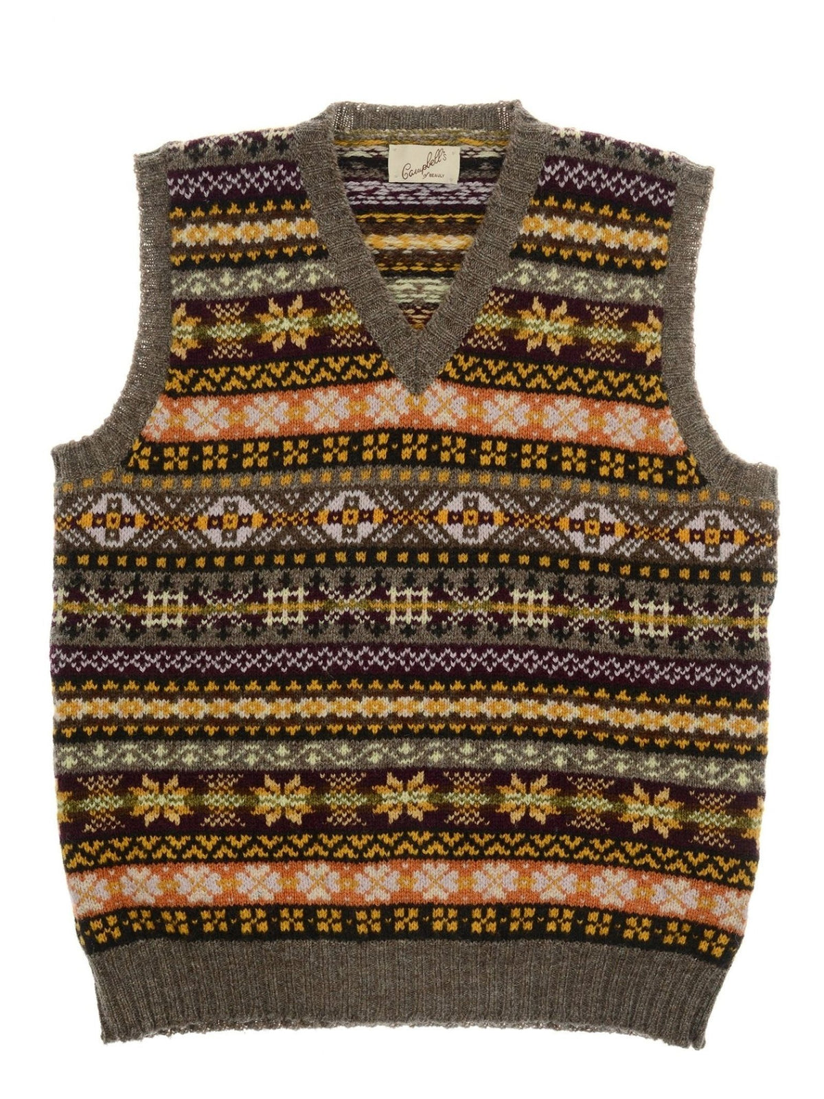 Crafted by Campbell’s of Beauly, the Fairisle Slipover is a sleeveless knitted sweater vest made from soft Shetland wool. It features a v-neck design and showcases colorful horizontal Fair Isle patterns in yellow, brown, purple, and green on a gray background, making it an ideal layer for versatile styling.