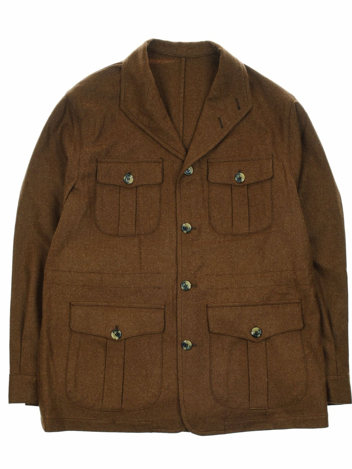 The Field Teba Jacket by Campbell’s of Beauly is crafted from durable wool Austrian loden and showcases vintage-inspired styling with four buttoned flap front pockets, a notched lapel collar, long sleeves, and classic button closures. Designed in homage to the traditional Teba Jacket, it boasts a timeless silhouette for both warmth and enduring appeal.
