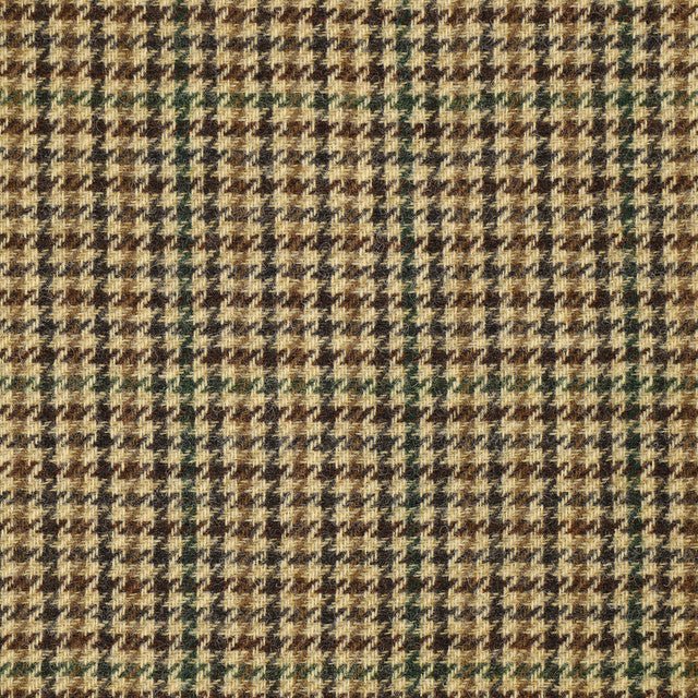 Campbell’s of Beauly House Tweed 95038 British Shetland tweed fabric featuring a brown, tan, and dark green houndstooth check pattern.