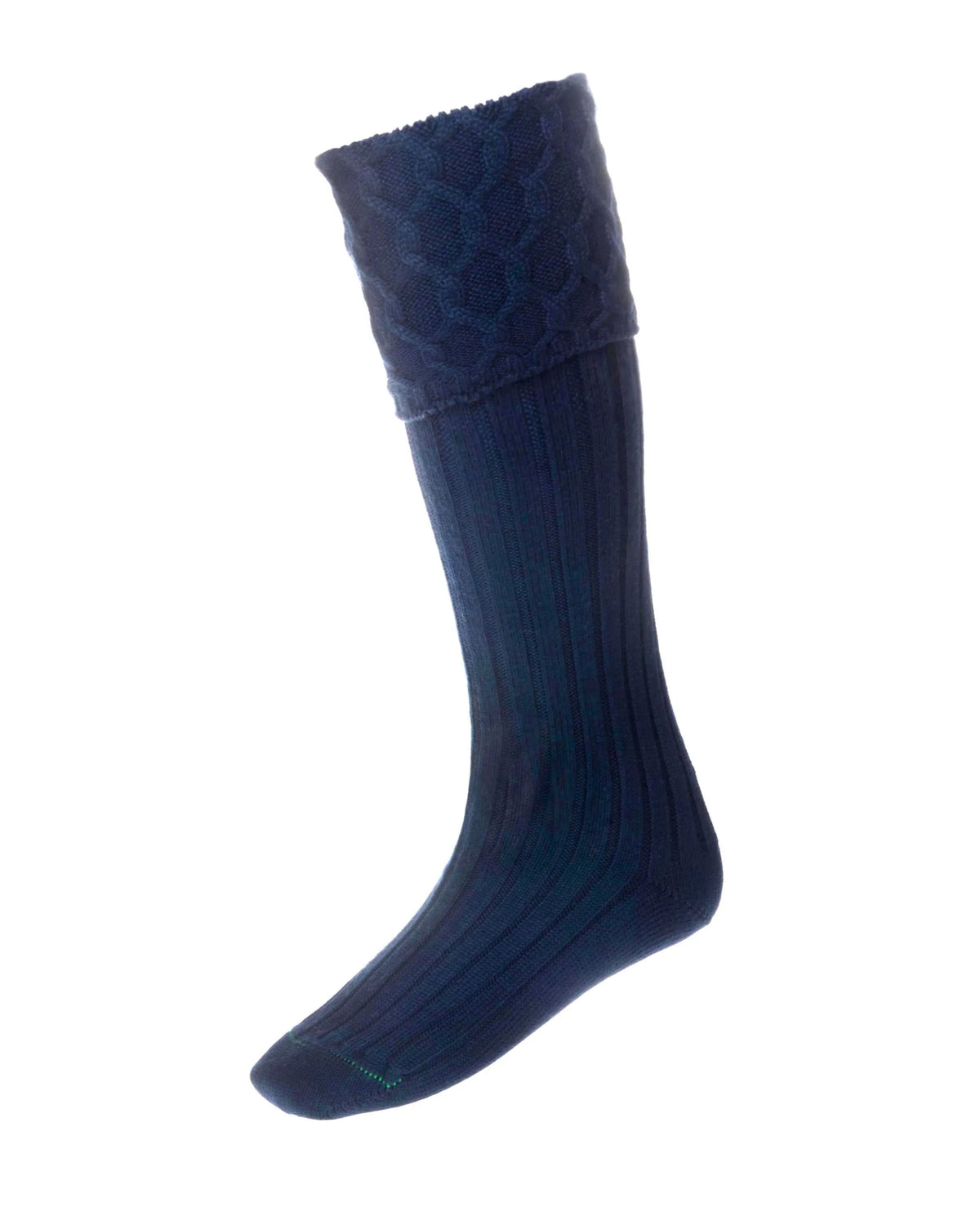 Campbell’s of Beauly Kilt Socks: A single navy blue, knee-high sock with a ribbed leg and textured cuff, crafted from a soft merino blend—ideal for Highland dress, shown on a white background.