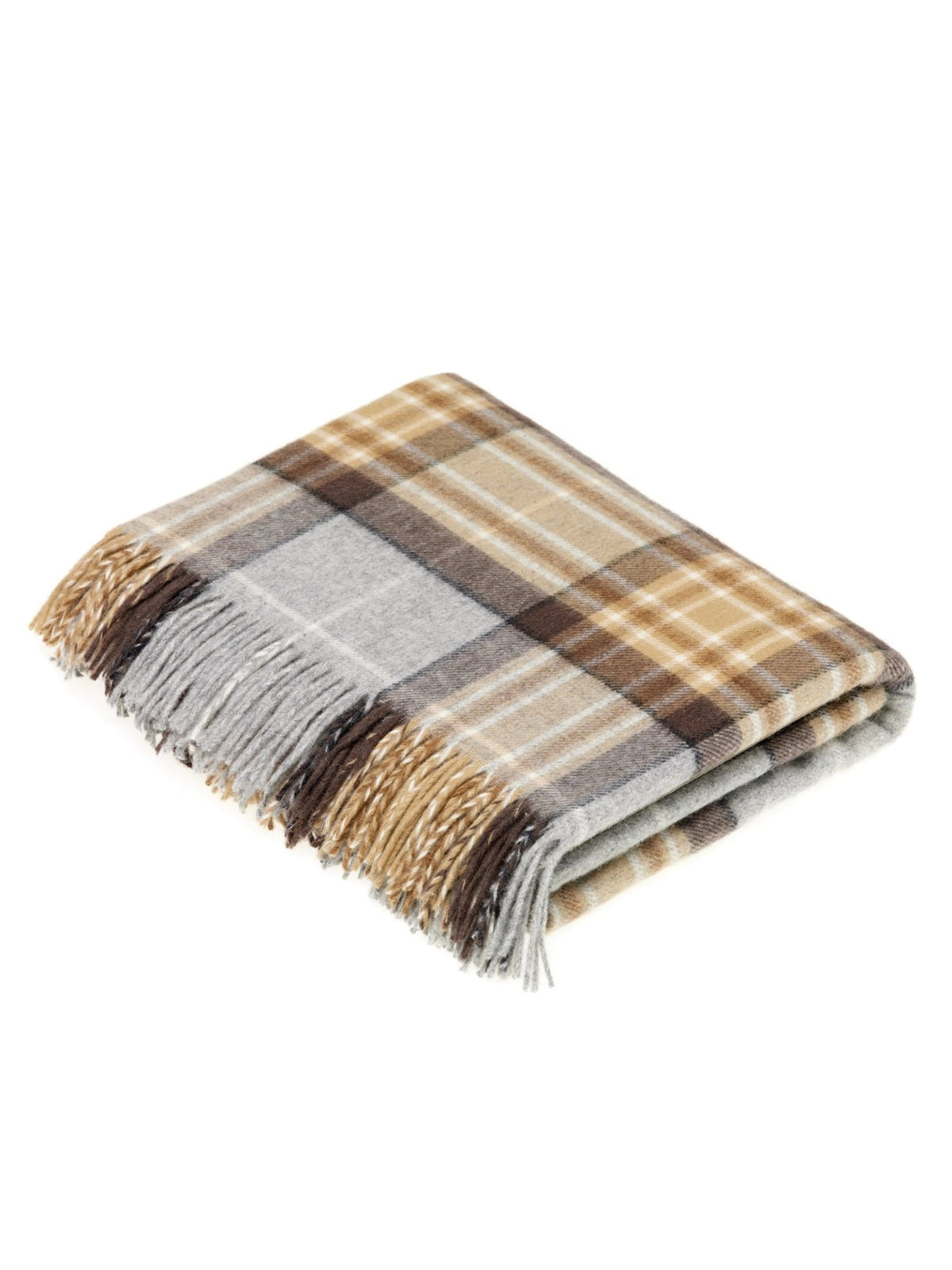 A Lambswool Tartan Blanket by Campbell’s of Beauly, featuring beige, brown, and gray stripes with fringed edges, displayed on a white background—crafted in the classic style of UK-made blankets for timeless comfort and tradition.