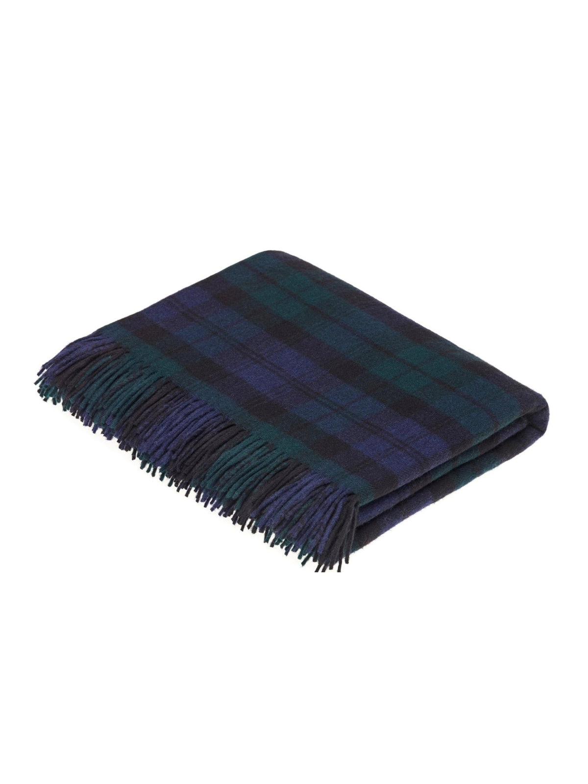 A folded Campbell’s of Beauly Lambswool Tartan Blanket featuring a blue and green plaid pattern and fringed edges is displayed against a white background—this heritage throw exemplifies classic UK-made blanket craftsmanship.