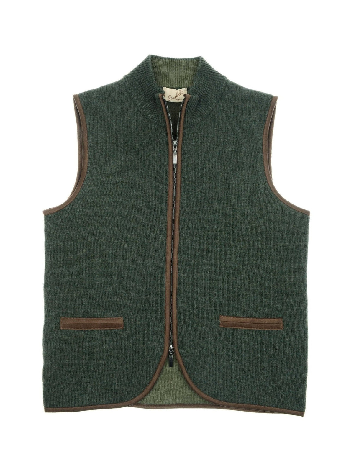 Campbell’s of Beauly Merino Cashmere Gilet—a dark green knitted women’s gilet with brown trim, high collar, front zipper closure, and two front pockets—laid flat on a white background. Perfect for adding timeless countryside style to your wardrobe.