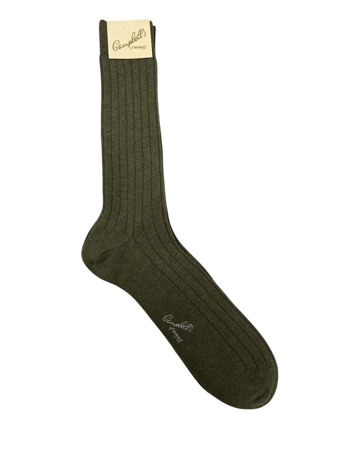 A single sage green ribbed cashmere sock with a beige label attached at the top, displaying the Campbell’s of Beauly brand name. These Rib Cashmere Socks are laid flat on a white background, highlighting their luxurious texture and timeless style.