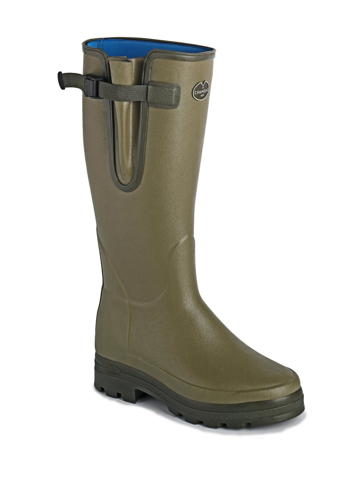 A single Le Chameau Vierzonord Neoprene-Lined Wellington Boot in olive green, featuring a buckle strap at the top and a textured sole, is displayed against a white background.