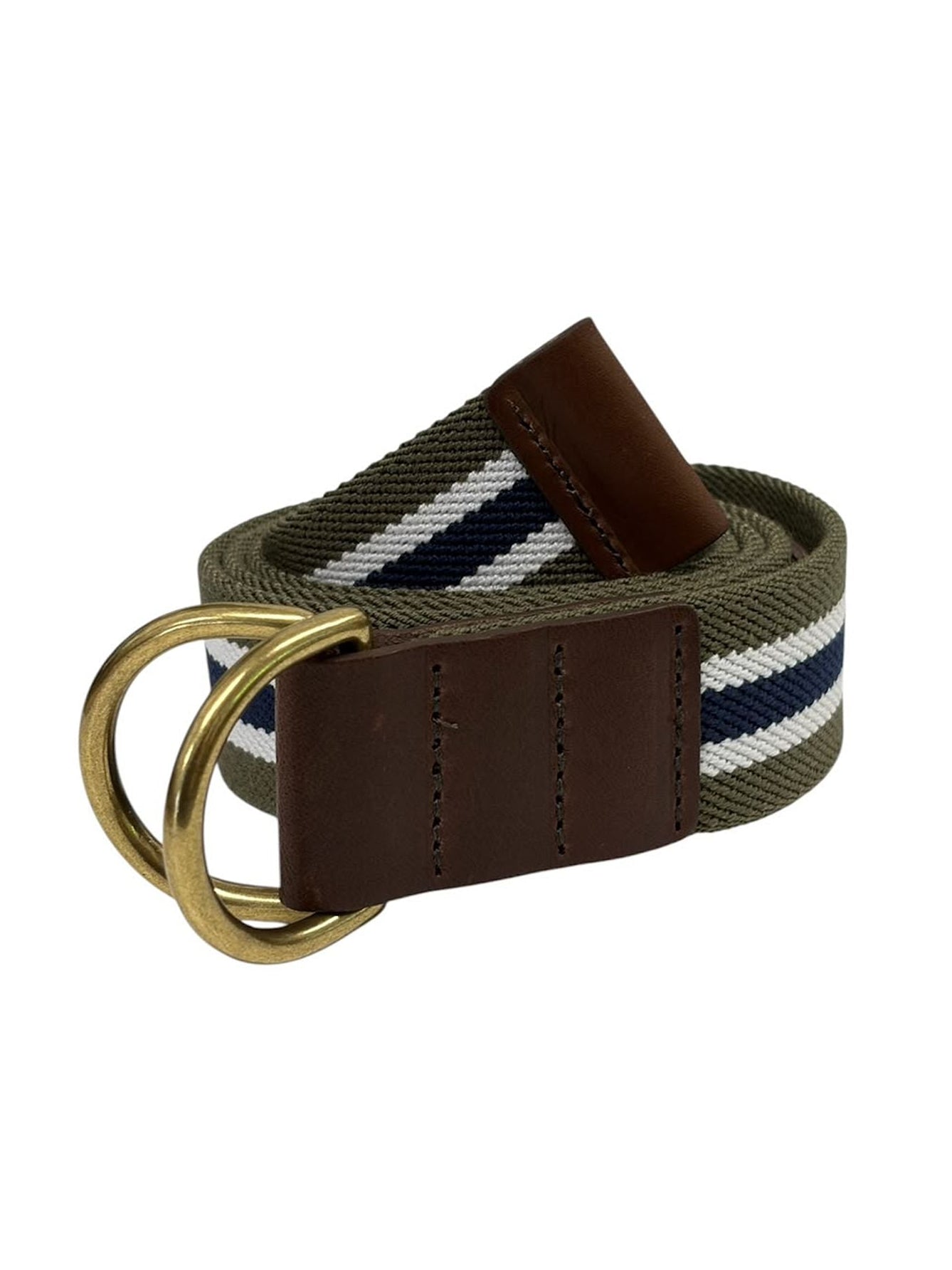 The Arnold Wills & Co Ltd Canvas D-Loop Belt features blue and white stripes, brown leather accents, and two brass D-ring buckles. Shown rolled on a white background, this stylish accessory is ideal for complementing any country wardrobe.