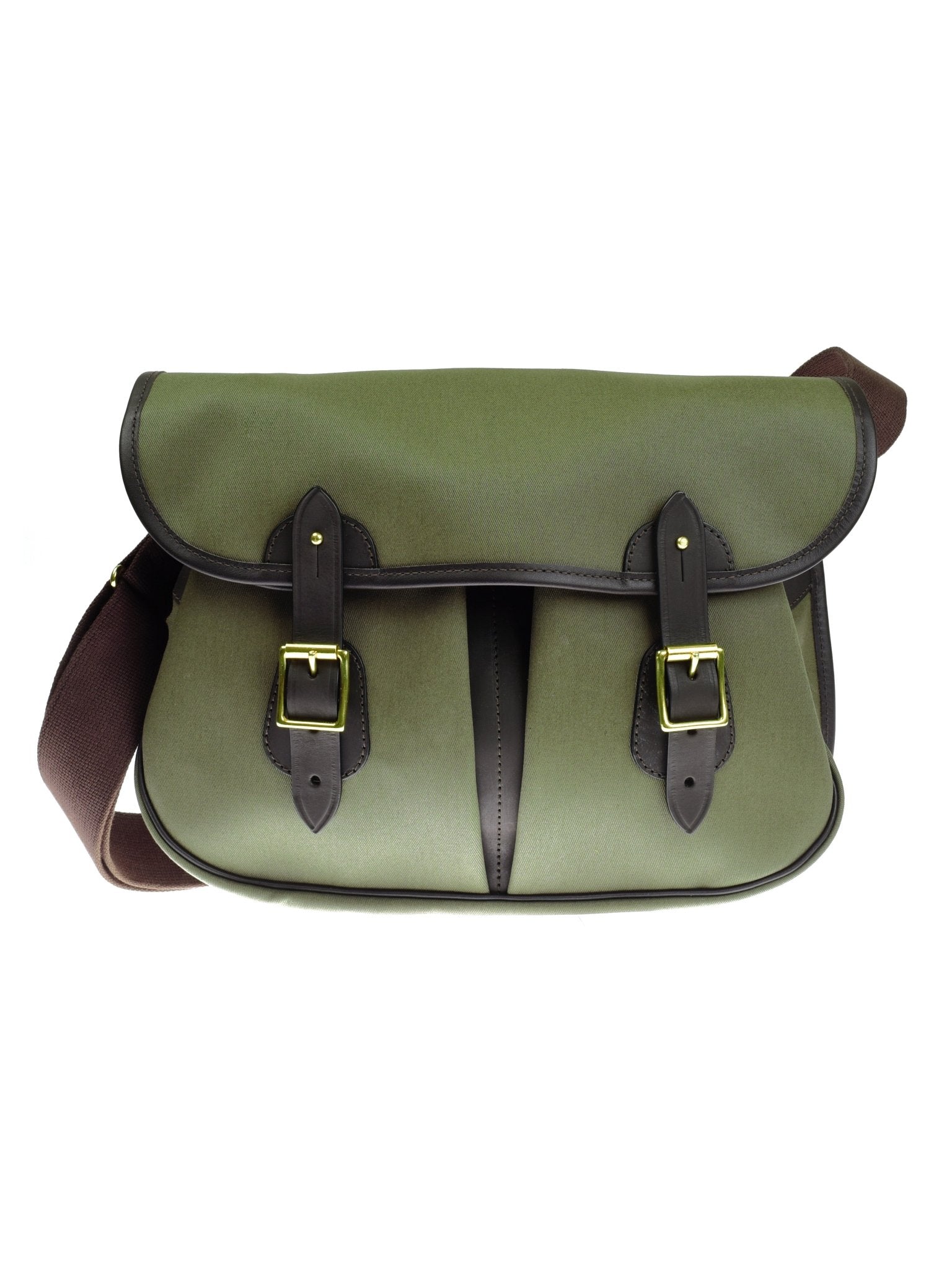 The Green Canvas Carryall by Campbell's of Beauly is made from heavy green canvas with brown leather trim, two front pockets, adjustable buckle closures, and a wide dark brown shoulder strap for comfort.