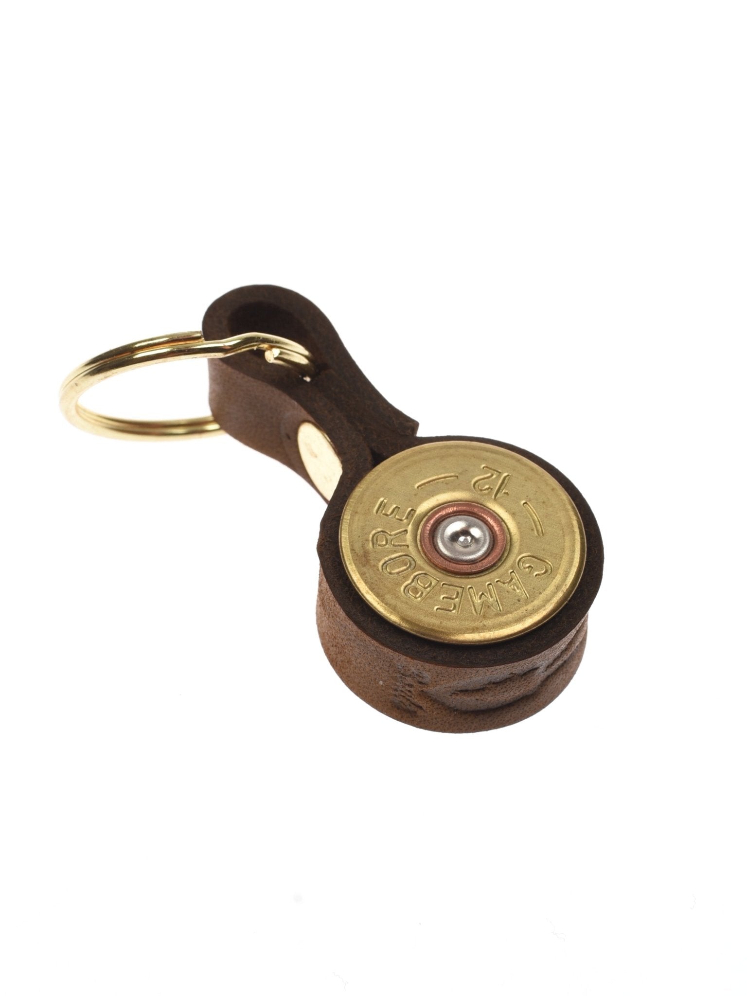The Cartridge Keyring by Campbell's of Beauly features a brown leather loop and a brass-colored piece resembling a shotgun cartridge, attached to a gold ring—an ideal country sport gift, shown on a white background.