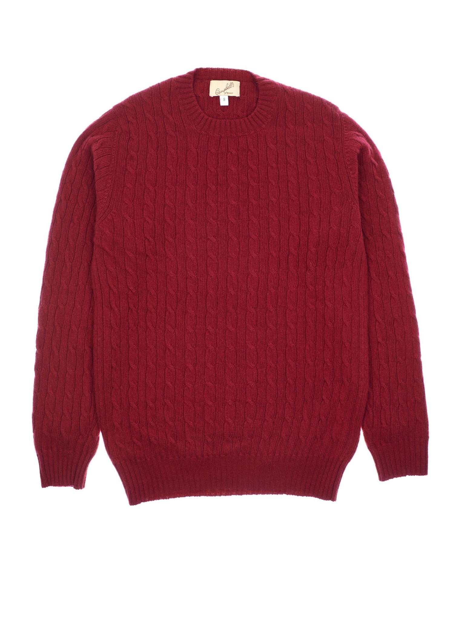 The Campbell's of Beauly Cashmere Cable Crew Jumper features a classic red cable knit design with long sleeves and a crew neck, shown laid flat on a white background.