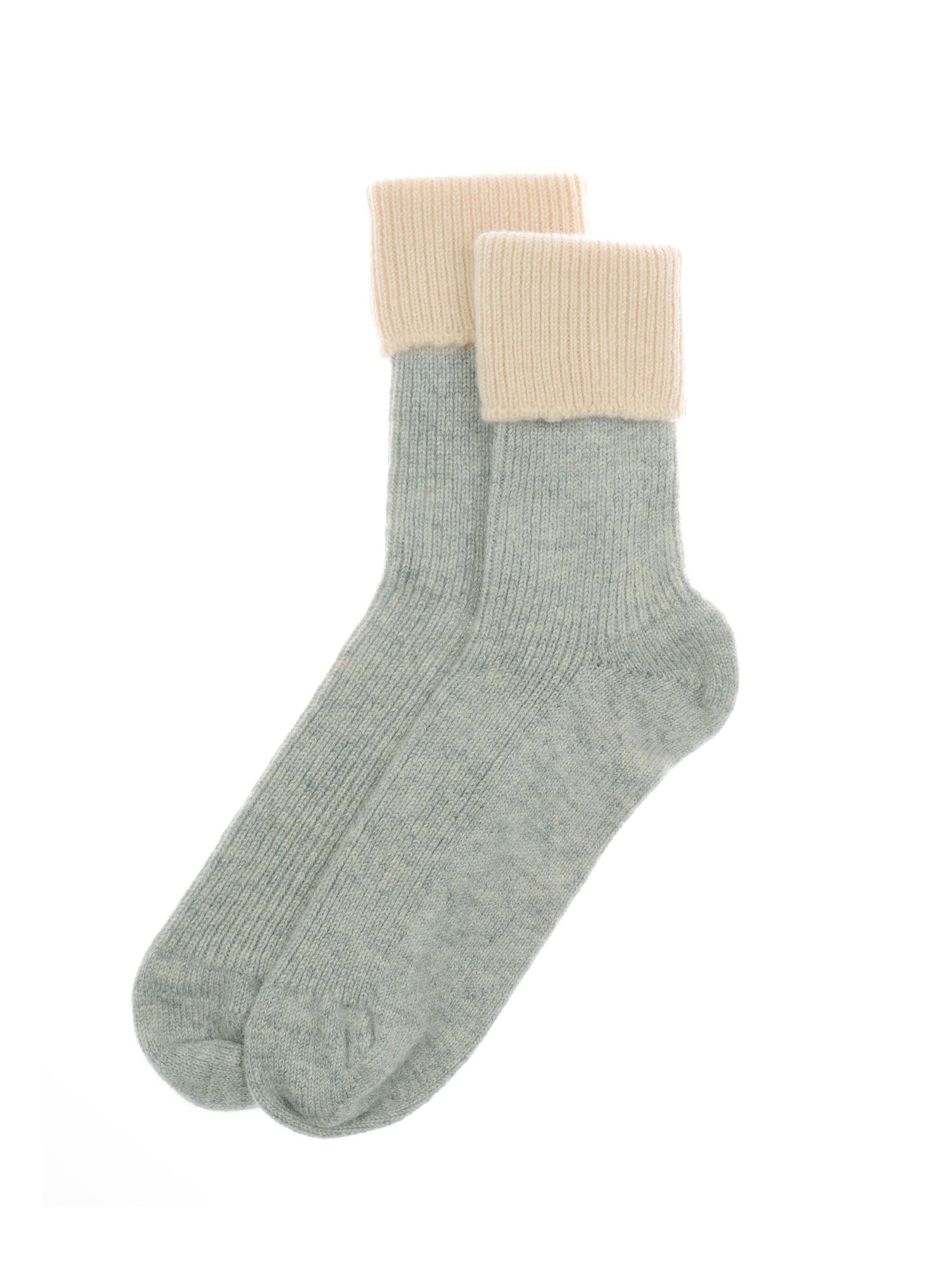 A pair of Campbell’s of Beauly Cashmere Contrast Socks in a light gray ribbed design with thick, cream-colored cuffs, displayed on a white background.