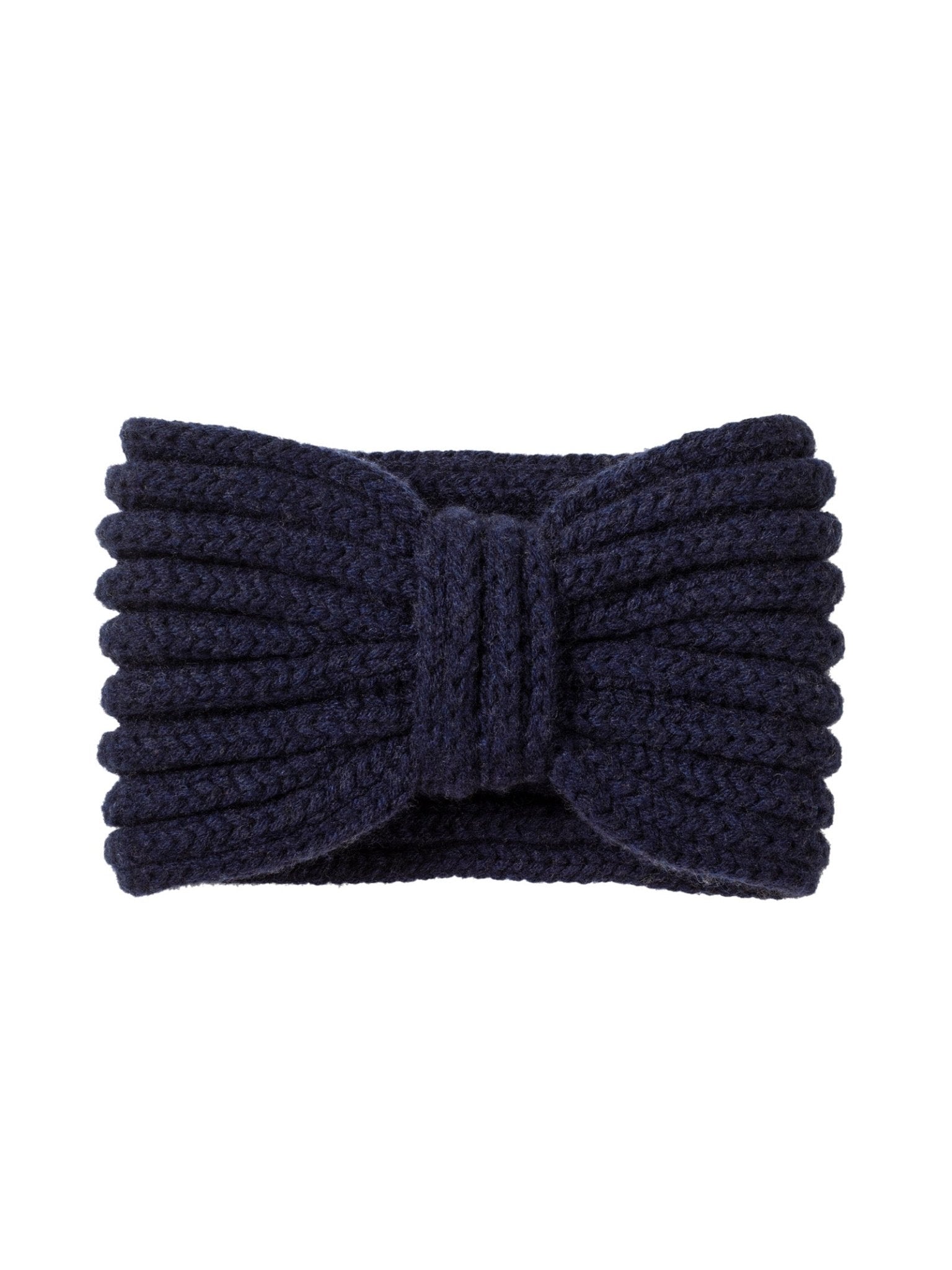 The Cashmere Ear Warmer by Campbell’s of Beauly is a navy blue, ribbed knit headband styled with a front bow—an elegant and cozy winter accessory.