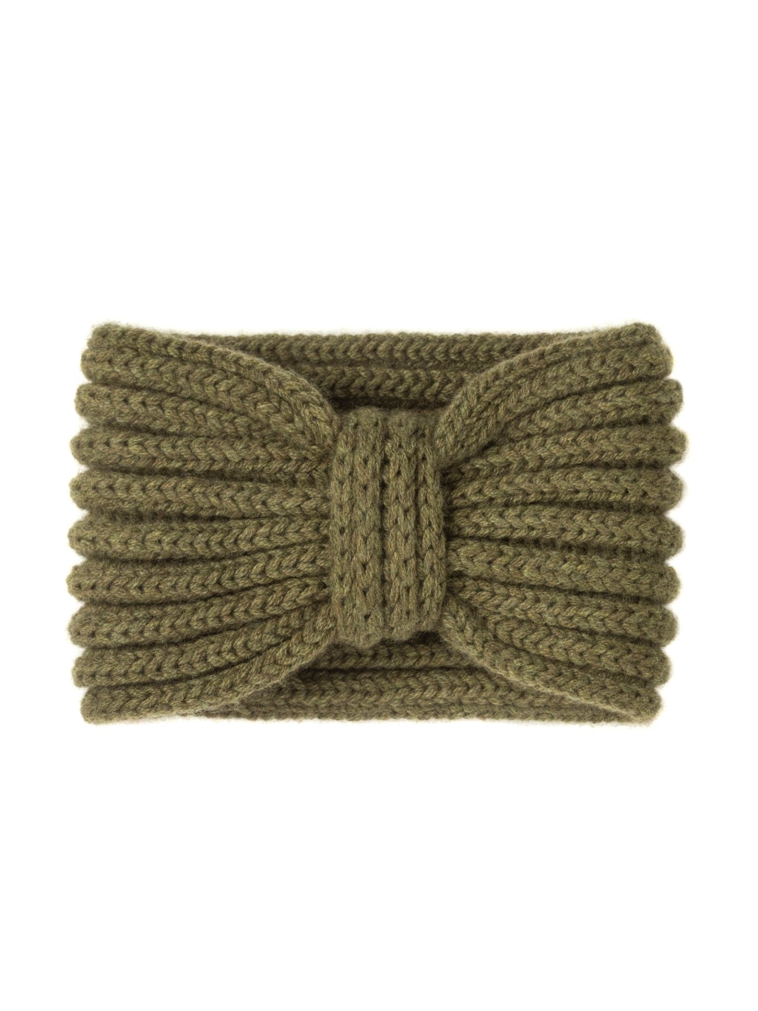 The Campbell's of Beauly Cashmere Ear Warmer features an olive green ribbed knit with a central knot detail for a bow-like look, making it a cozy winter accessory.
