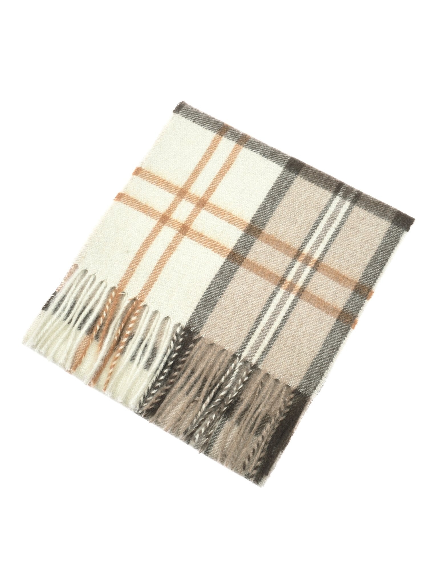 The Campbell's of Beauly Unisex Cashmere Scarf features a beige, brown, and orange plaid design with fringed ends, displayed flat on a white surface.