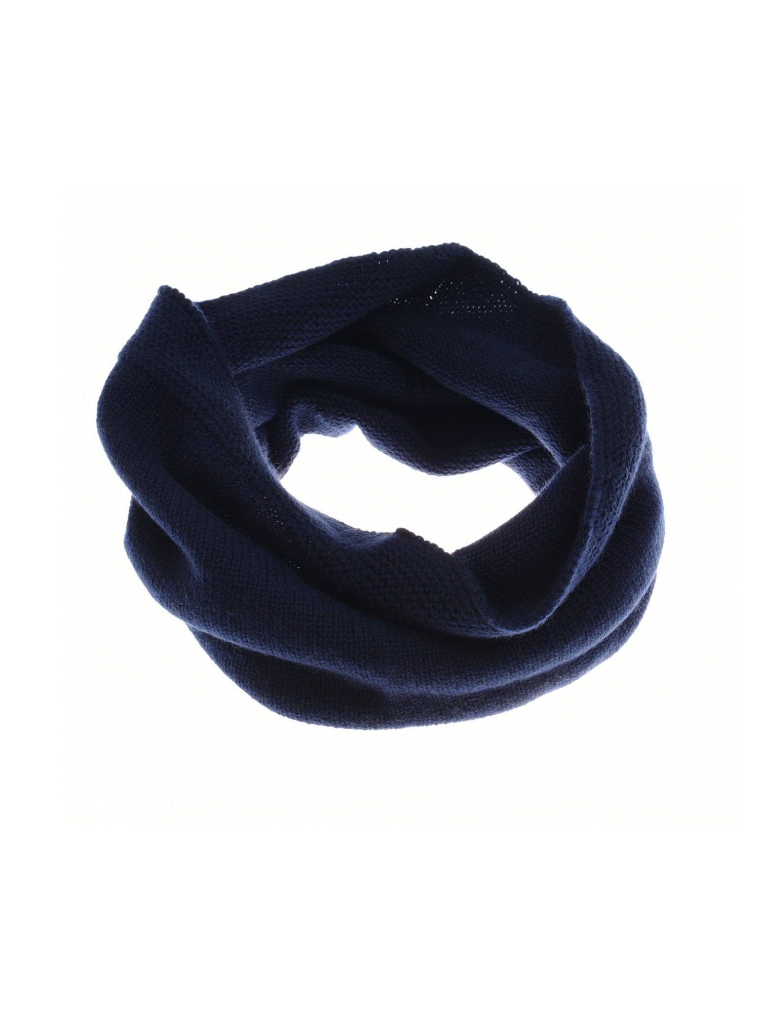 The Campbell's of Beauly Cashmere Snood is a dark navy blue infinity scarf with a cozy moss stitch texture, styled in a circular shape on a white background.