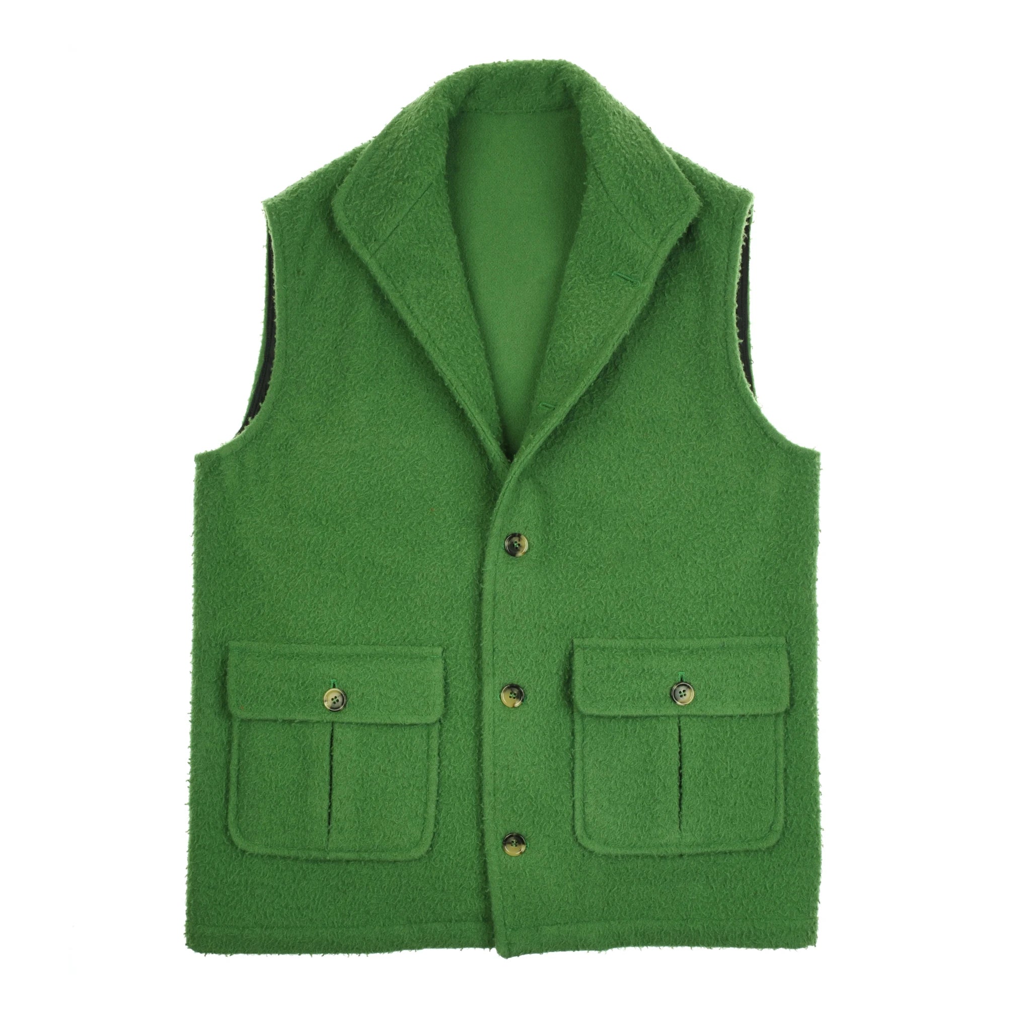 The Auld Stock Casentino Fleece Gilet by Campbell's of Beauly is a sleeveless green vest with a notched collar, button closure, and two front flap pockets, featuring the soft, fuzzy texture of heritage Casentino wool.