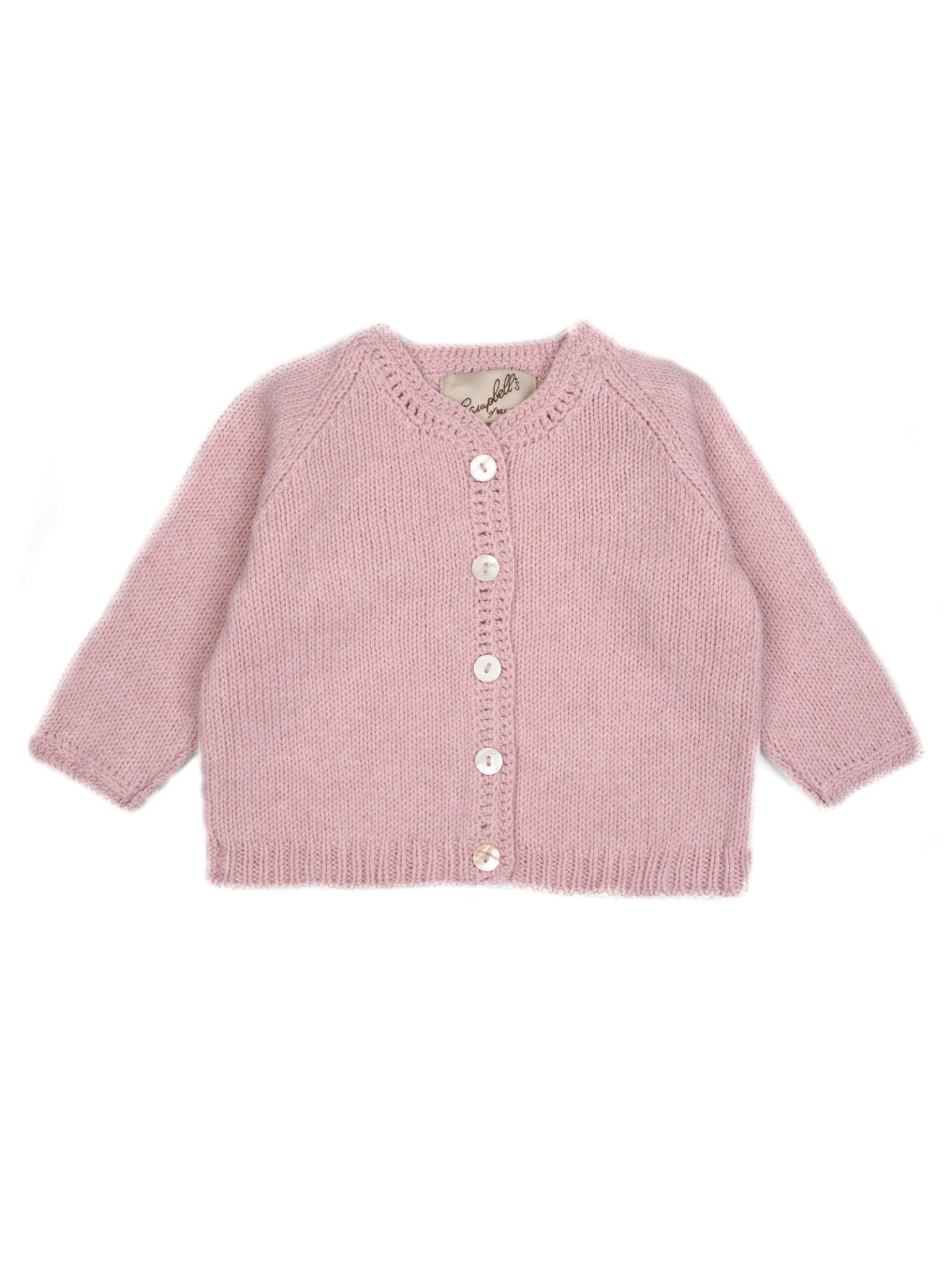 Campbell’s of Beauly Baby Lambswool Cardigan in light pink, a hand-knitted, long-sleeved design with a traditional silhouette, featuring five white buttons down the front and displayed flat on a white background.