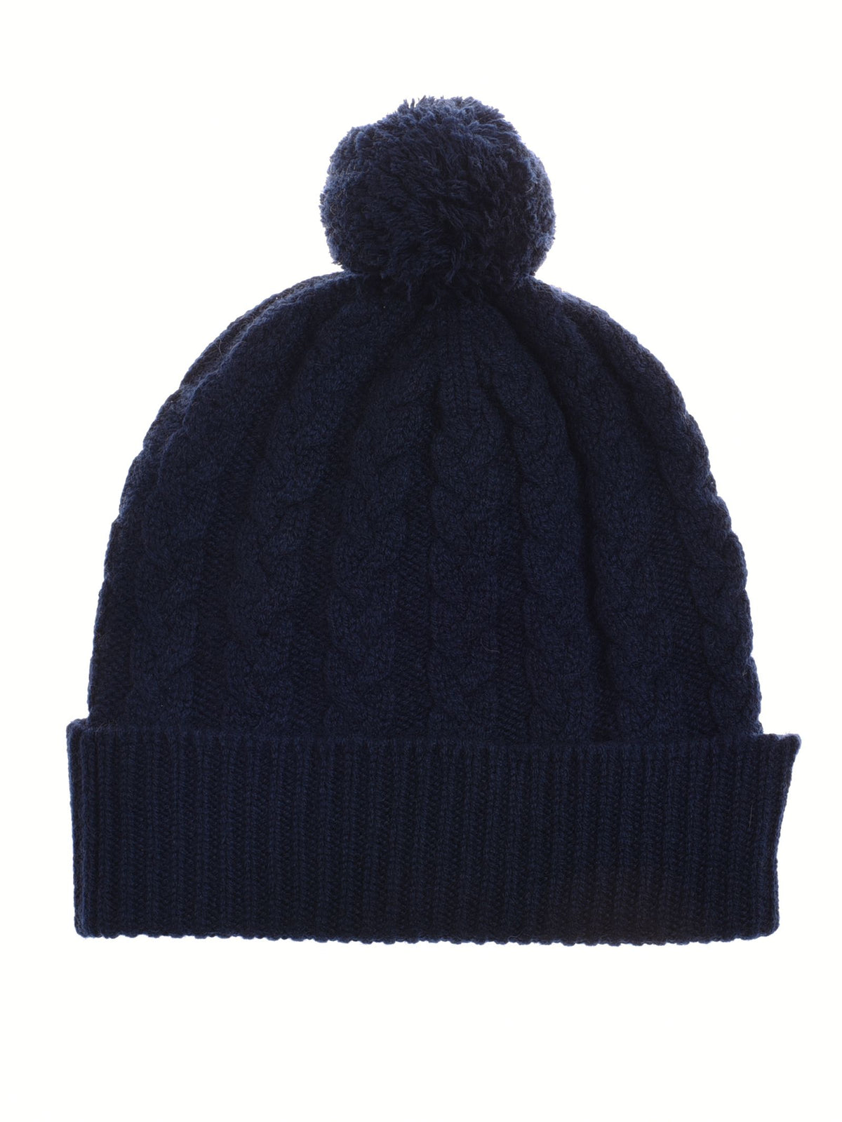 The Chunky Cable Cashmere Hat with Pom Pom by Campbell's of Beauly is a dark blue cable knit beanie with a folded brim and large pom-pom, shown against a white background.
