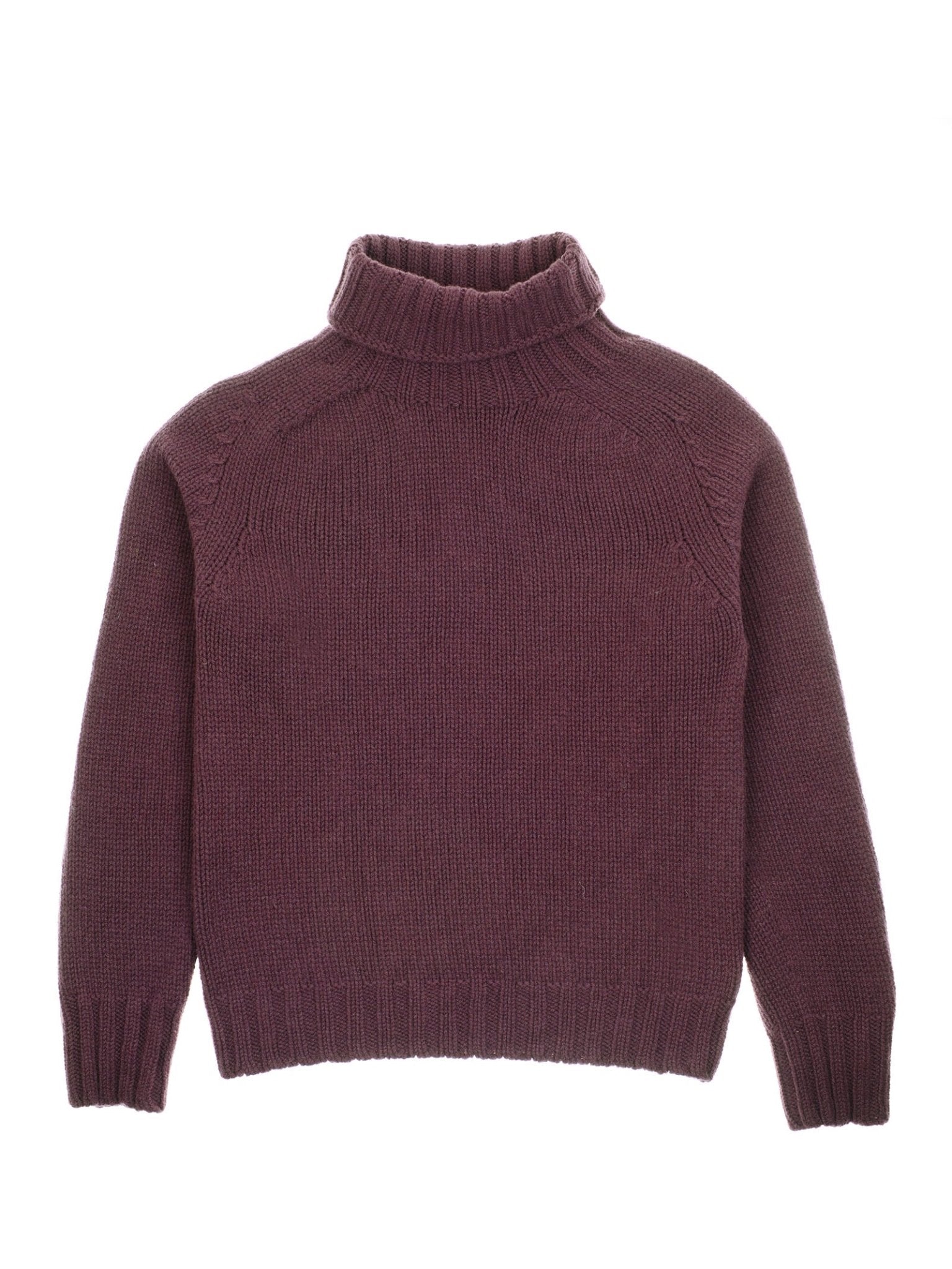 The Chunky Roll Neck Sweater by Campbell's of Beauly is a long-sleeve, ribbed turtleneck knit in Scotland from supersoft wool in deep maroon, shown laid flat on a white background.