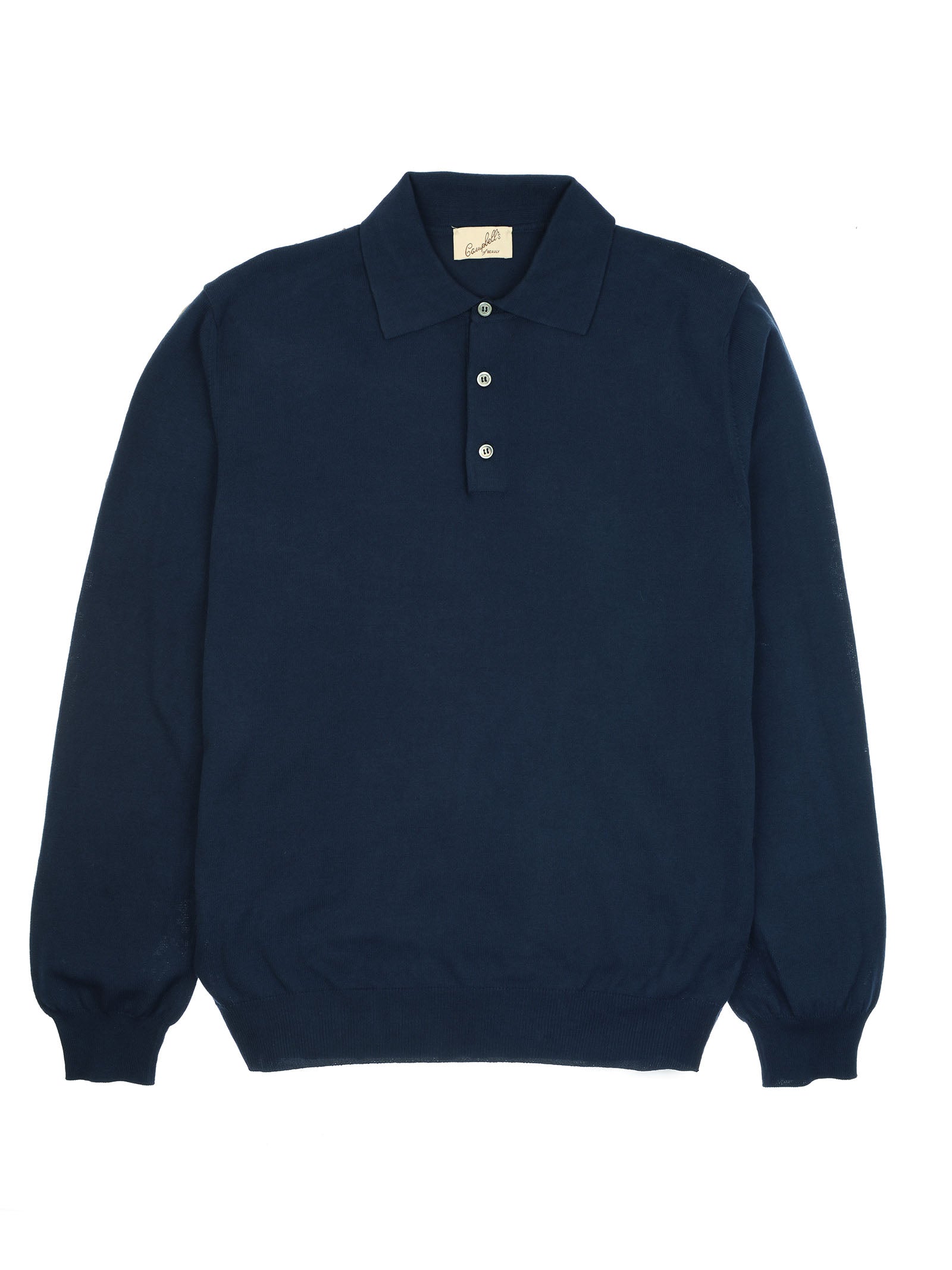 The Campbell's of Beauly Cotton Rugby is a navy long-sleeve polo sweater made from premium Egyptian cotton, with a collar, three-button placket, and ribbed cuffs and hem, shown laid flat on a white background.