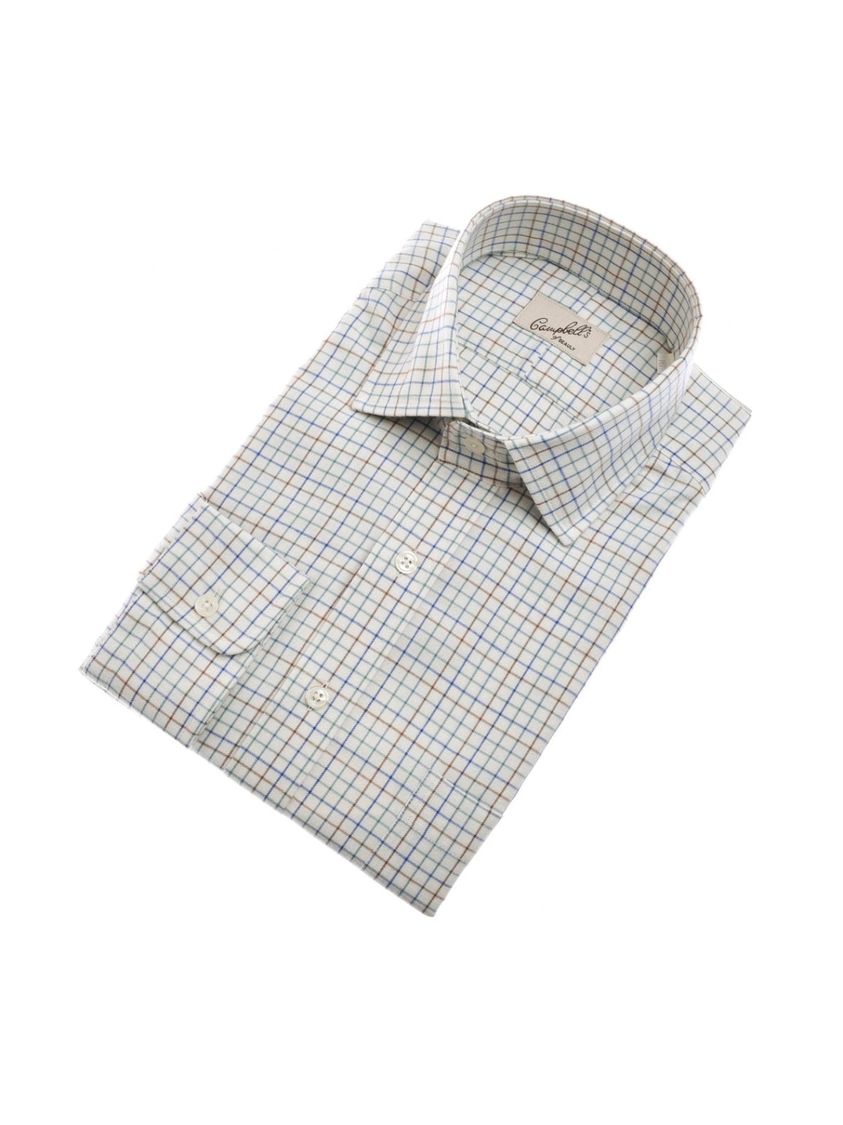 A folded, long-sleeve button-up Windowpane Shirt by Campbell’s of Beauly, featuring a blue and green check pattern, crafted from soft brushed cotton for comfort, displayed on a white background—perfect as a timeless country shirt.
