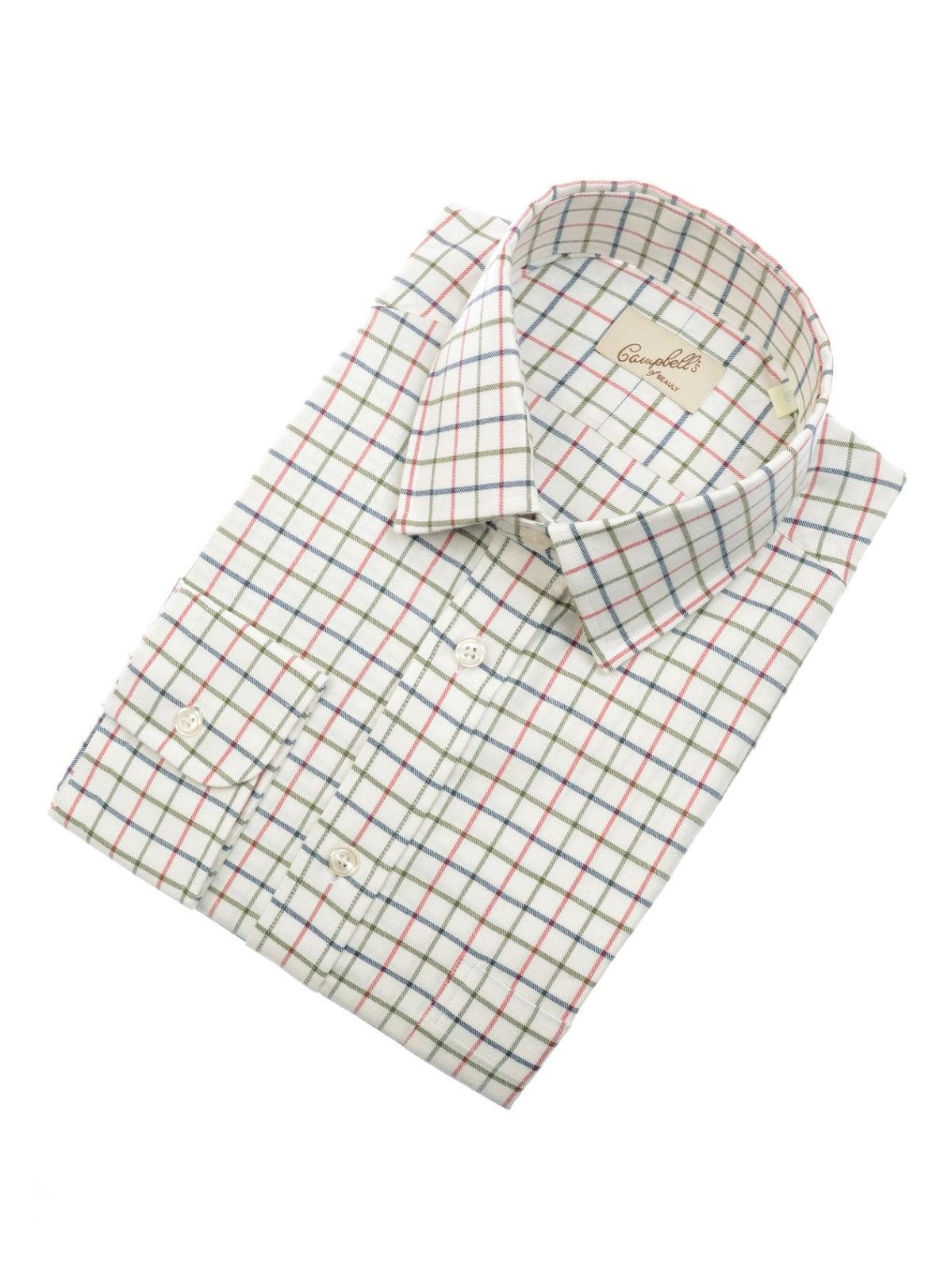A neatly folded Campbell’s of Beauly Windowpane Shirt in a Cream/Red/Navy check pattern, featuring long sleeves and button-up styling, is displayed on a plain white background.
