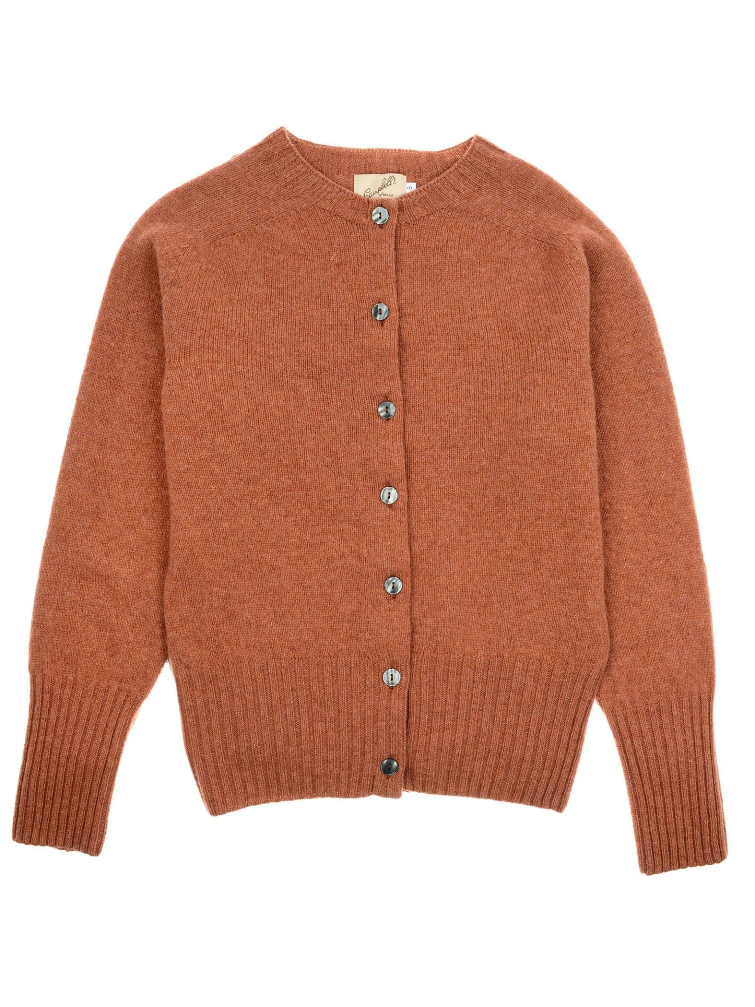 The Geelong Lambswool Crew Cardigan by Campbell's of Beauly is rust-colored with long sleeves, ribbed cuffs and hem, and dark front buttons. Made in Scotland for exceptional warmth and comfort.