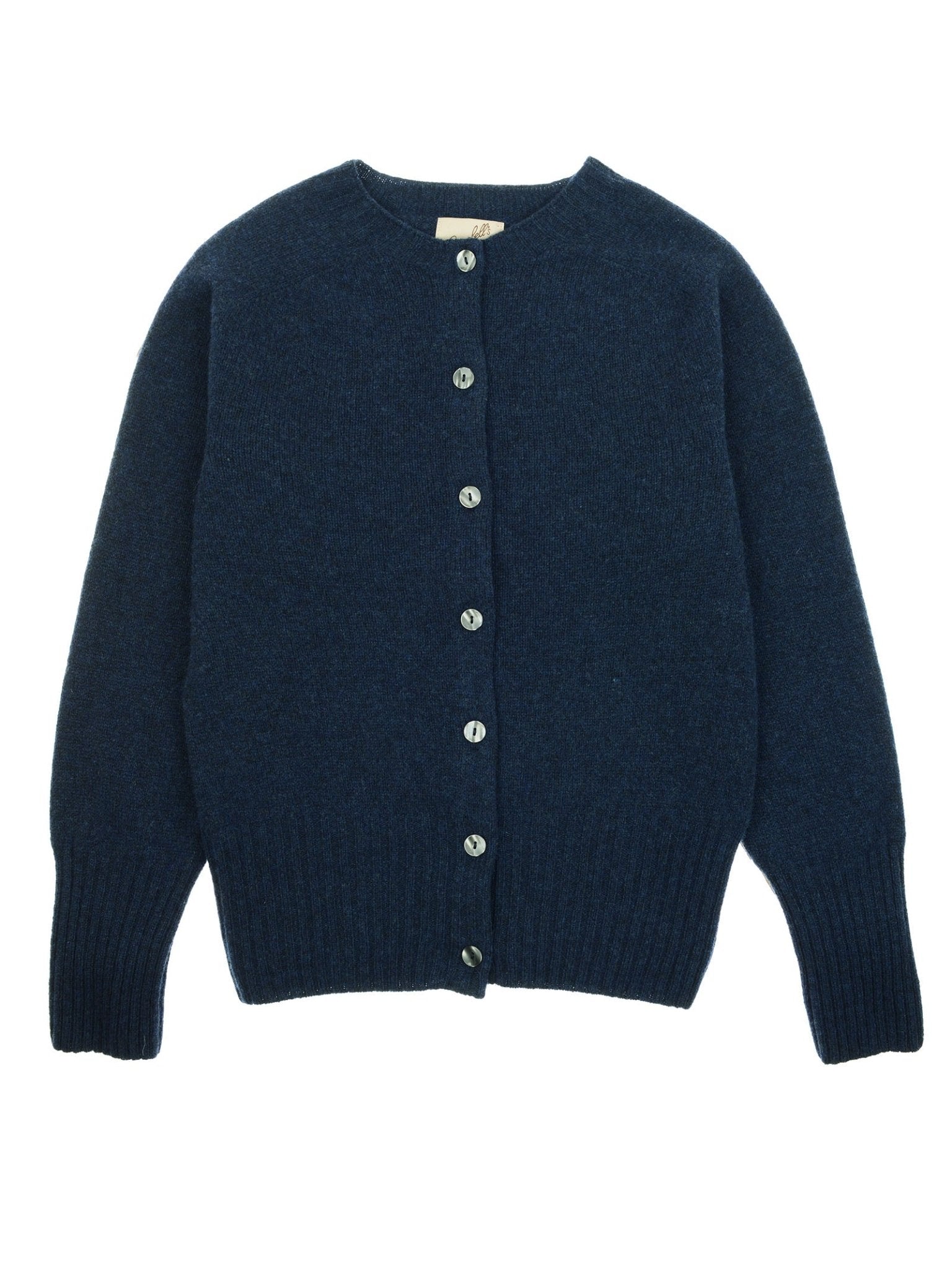 The Campbell's of Beauly Geelong Lambswool Crew Cardigan is dark blue with long sleeves, ribbed cuffs and hem, eight front buttons, and a crew neck. Made in Scotland, shown laid flat on a white background.