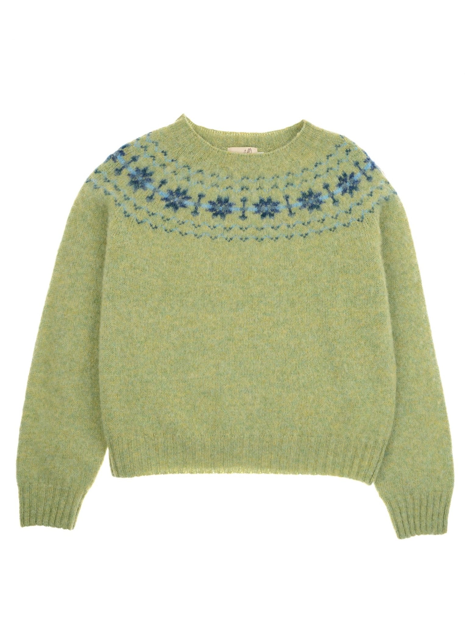 The Avocado Shaggy Cropped Fairisle Crew Jumper by Campbell's of Beauly features a classic Fairisle pattern at the yoke and shoulders, long sleeves, round neck, and is crafted from Pure New Wool.