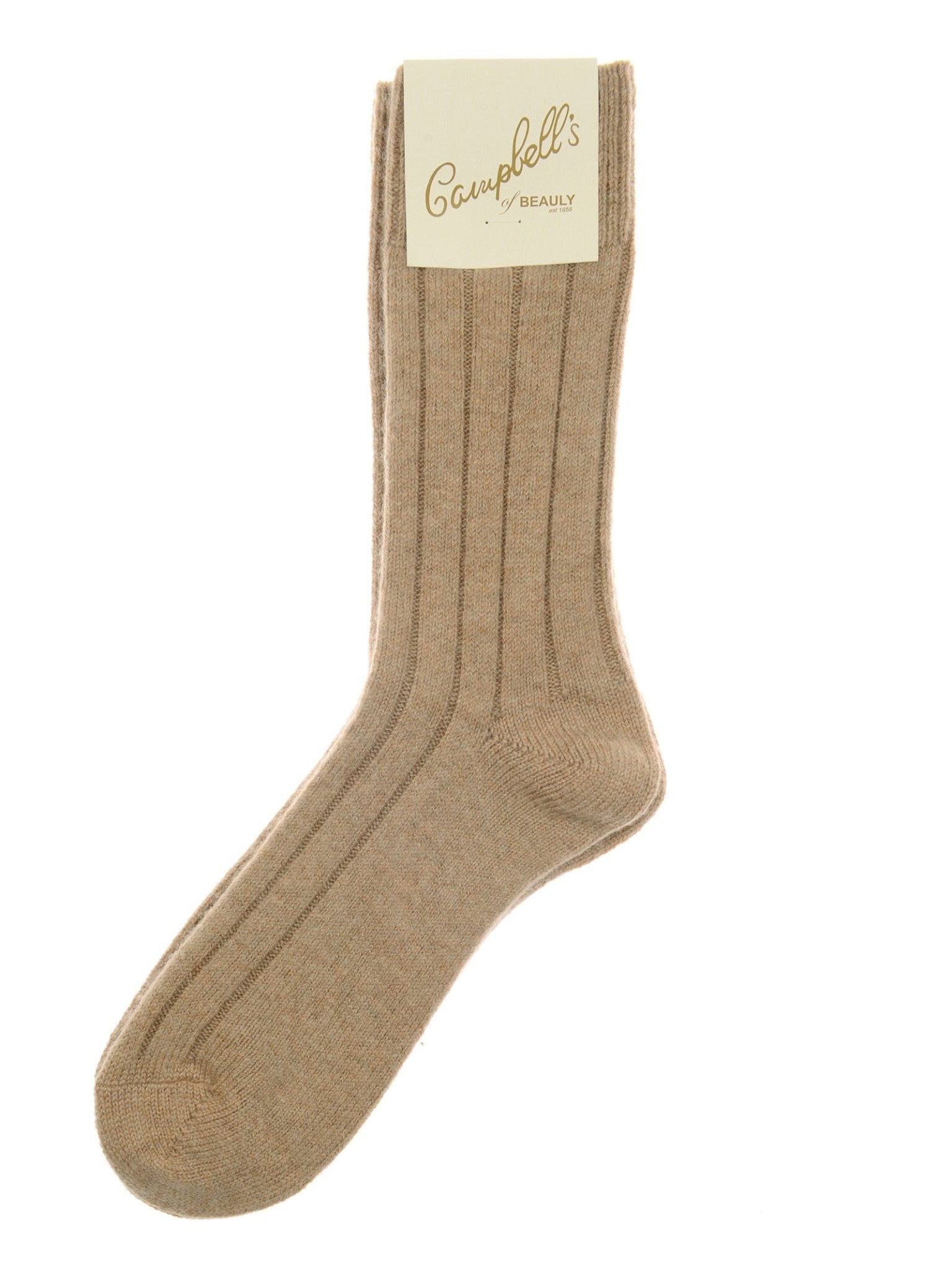 A single beige Rib Cashmere Sock by Campbell's of Beauly, featuring a branded label at the top, is shown against a plain white background.